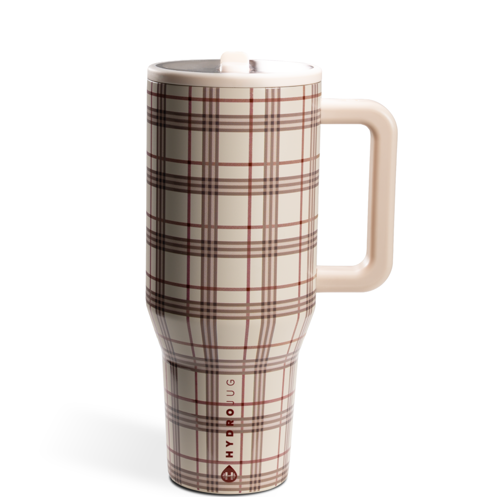 cream HydroJug with plaid print that hold up to 32oz tumbler with flip lid and side handle