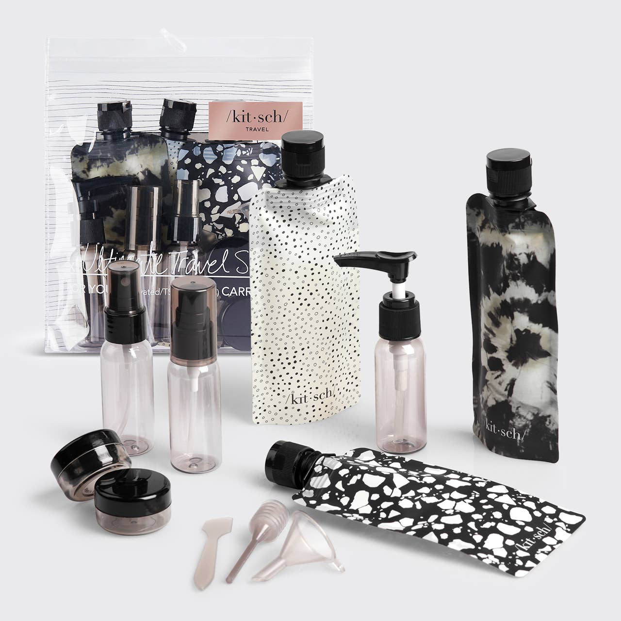 KITSCH - Travel Bottles For Toiletries 11 Pack - Black & Ivory