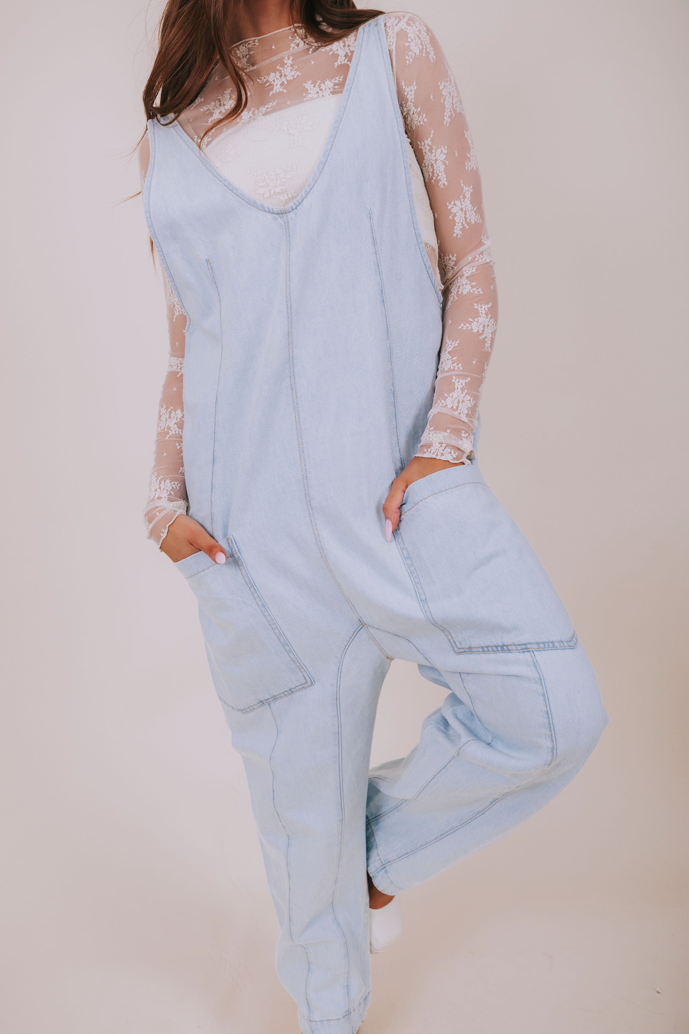 FREE PEOPLE - High Roller Light Denim Jumpsuit Close Up