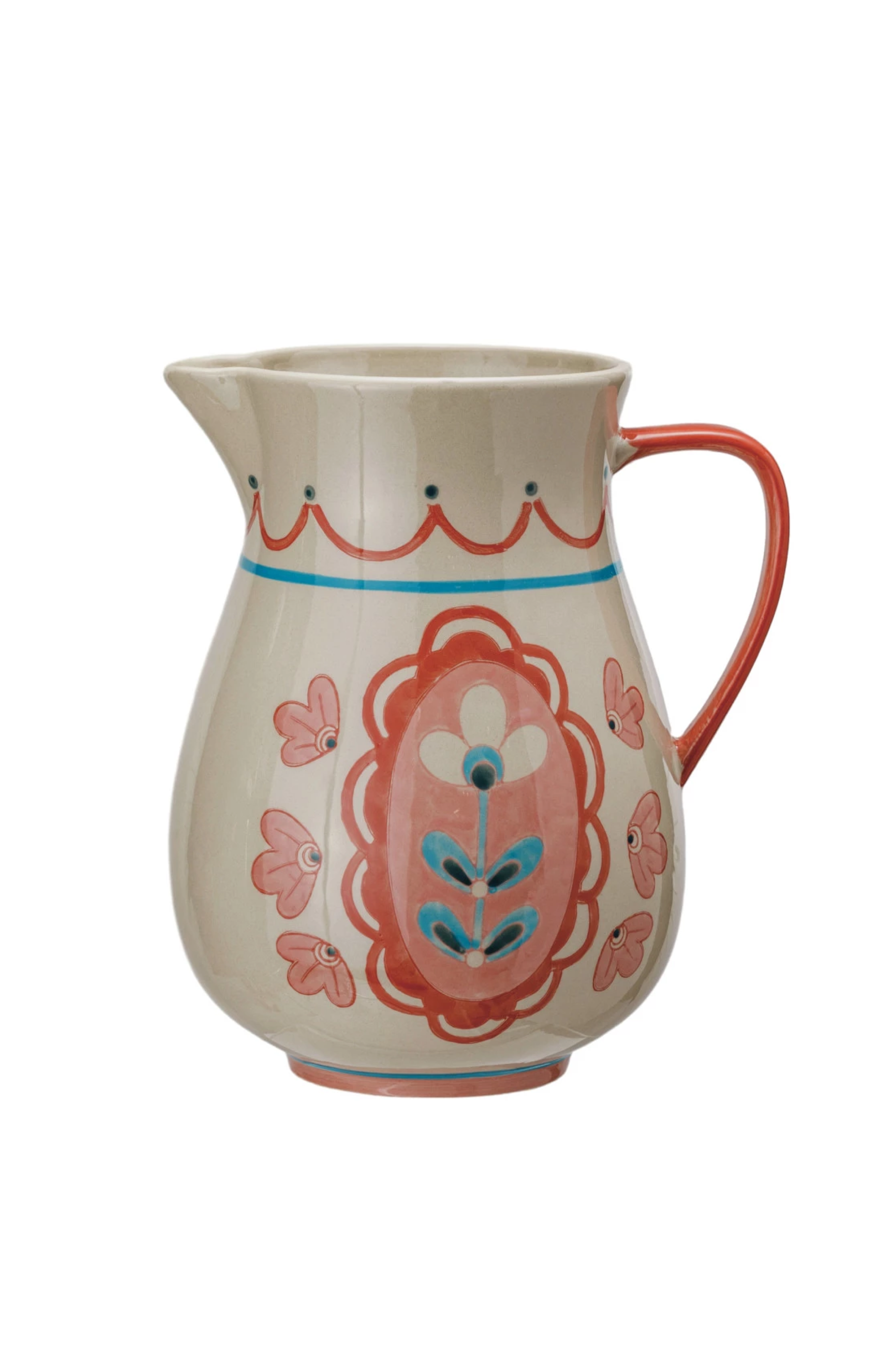 3 Quart Hand-Painted Stoneware Pitcher w/ Flowers