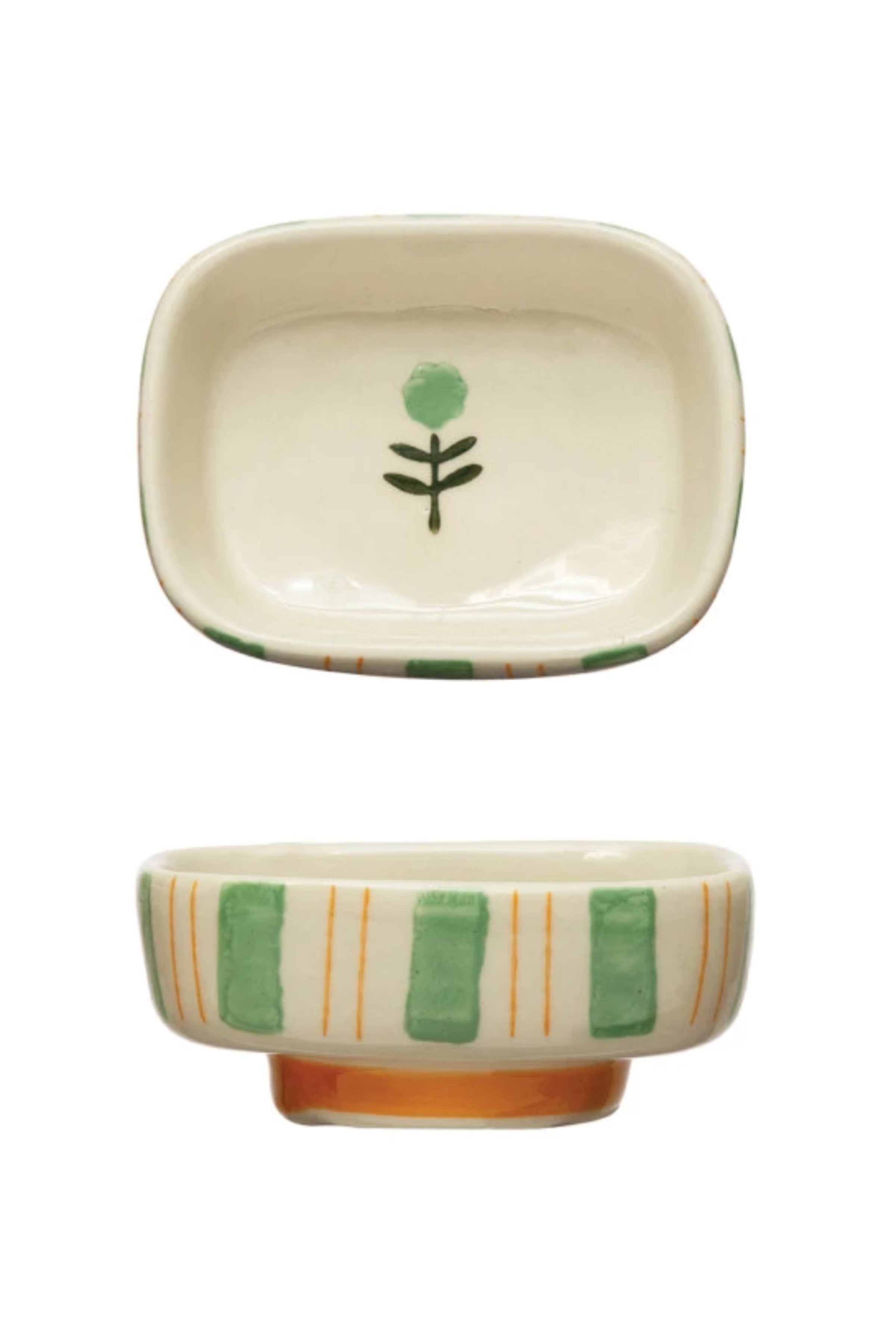 Hand-Painted Stoneware Dish w/ Stripes & Flower, 3 Styles Green