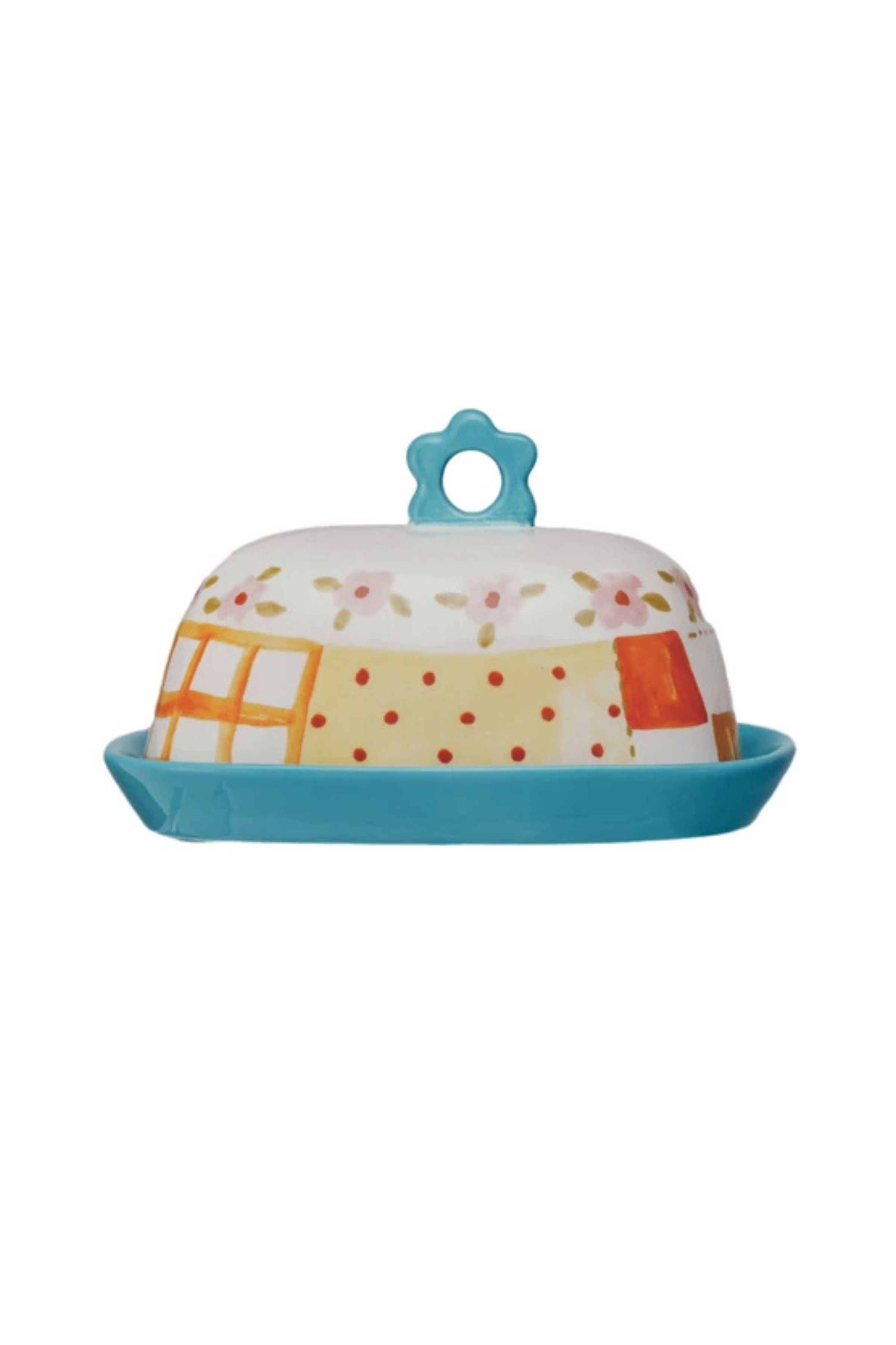 Hand-Painted Stoneware Butter Dish w/ Pattern & Flower Shaped Handle