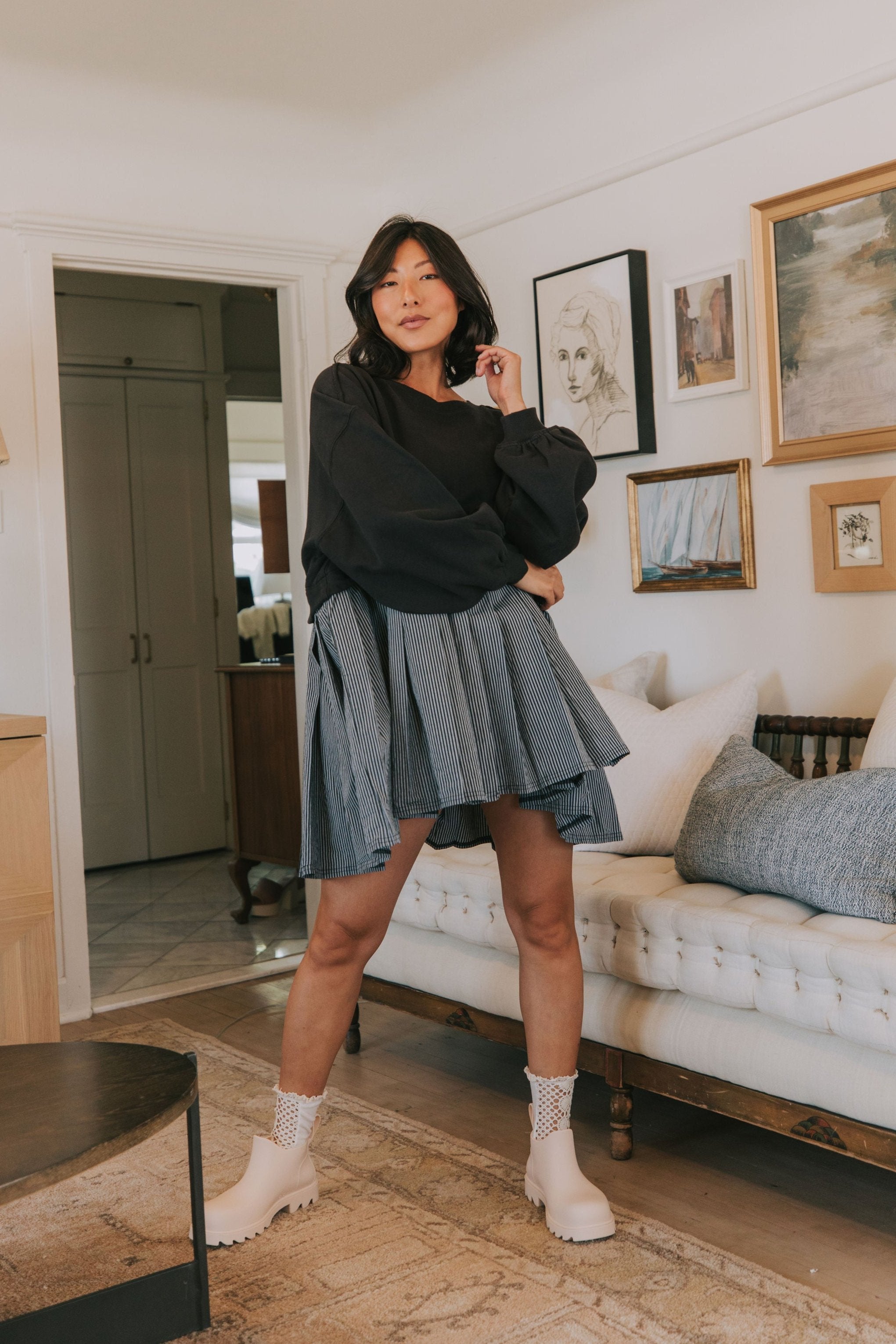 FREE PEOPLE - Eleanor Striped Sweatshirt by Free People in Washed Black Combo