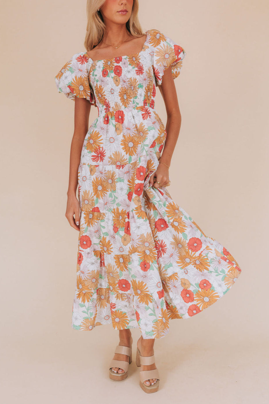 white dress with orange flowers Flowing Flowers Dress M / Cream