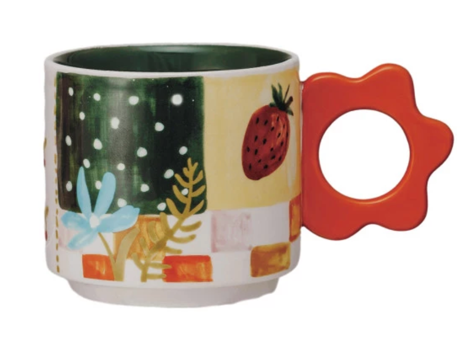 15 oz. Hand-Painted Stoneware Mug w/ Flower Shaped Handle, 4 Styles
