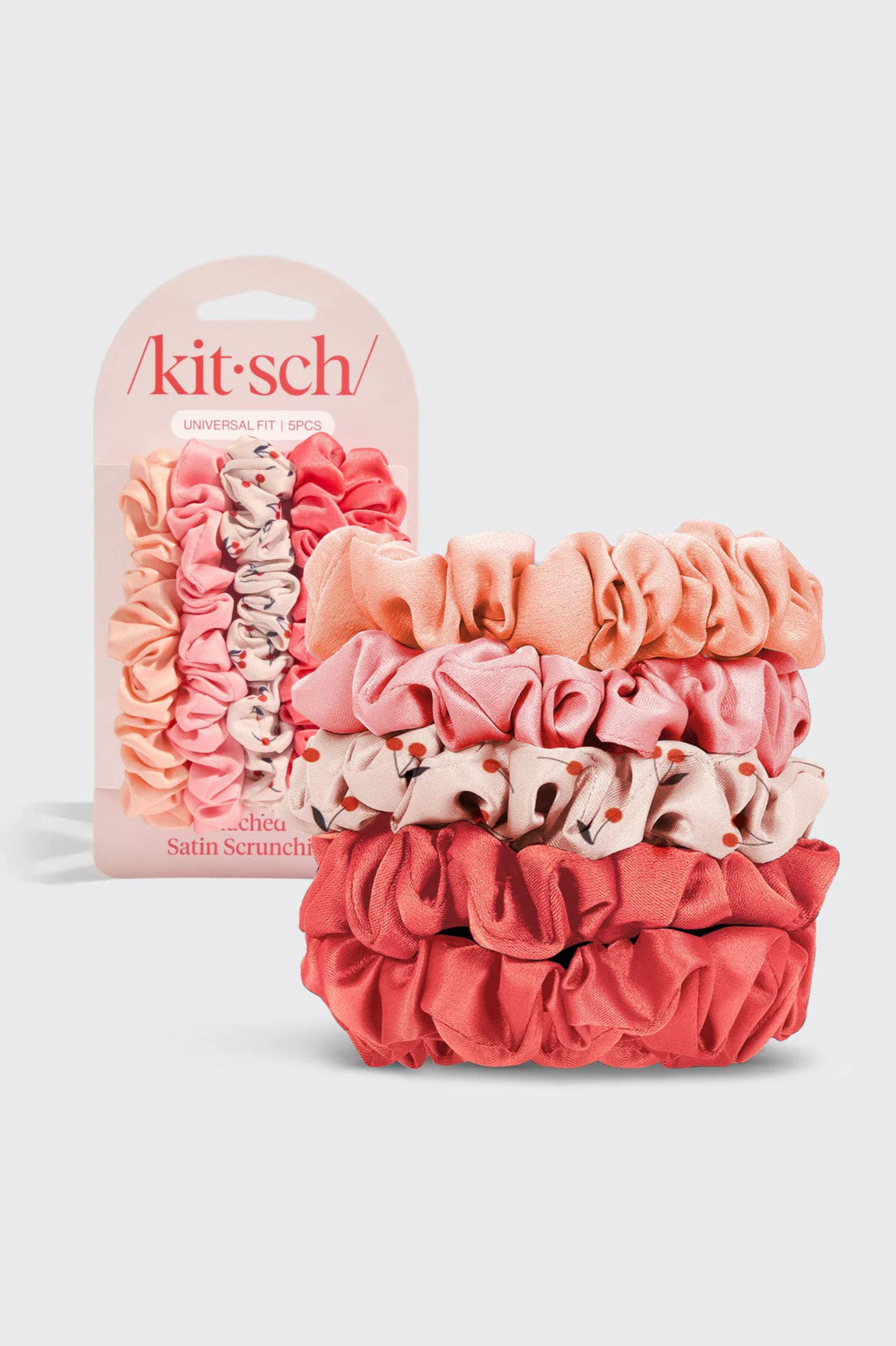 KITSCH - Ruched Satin Scrunchies 5pc Set - Assorted Cherry Blossom