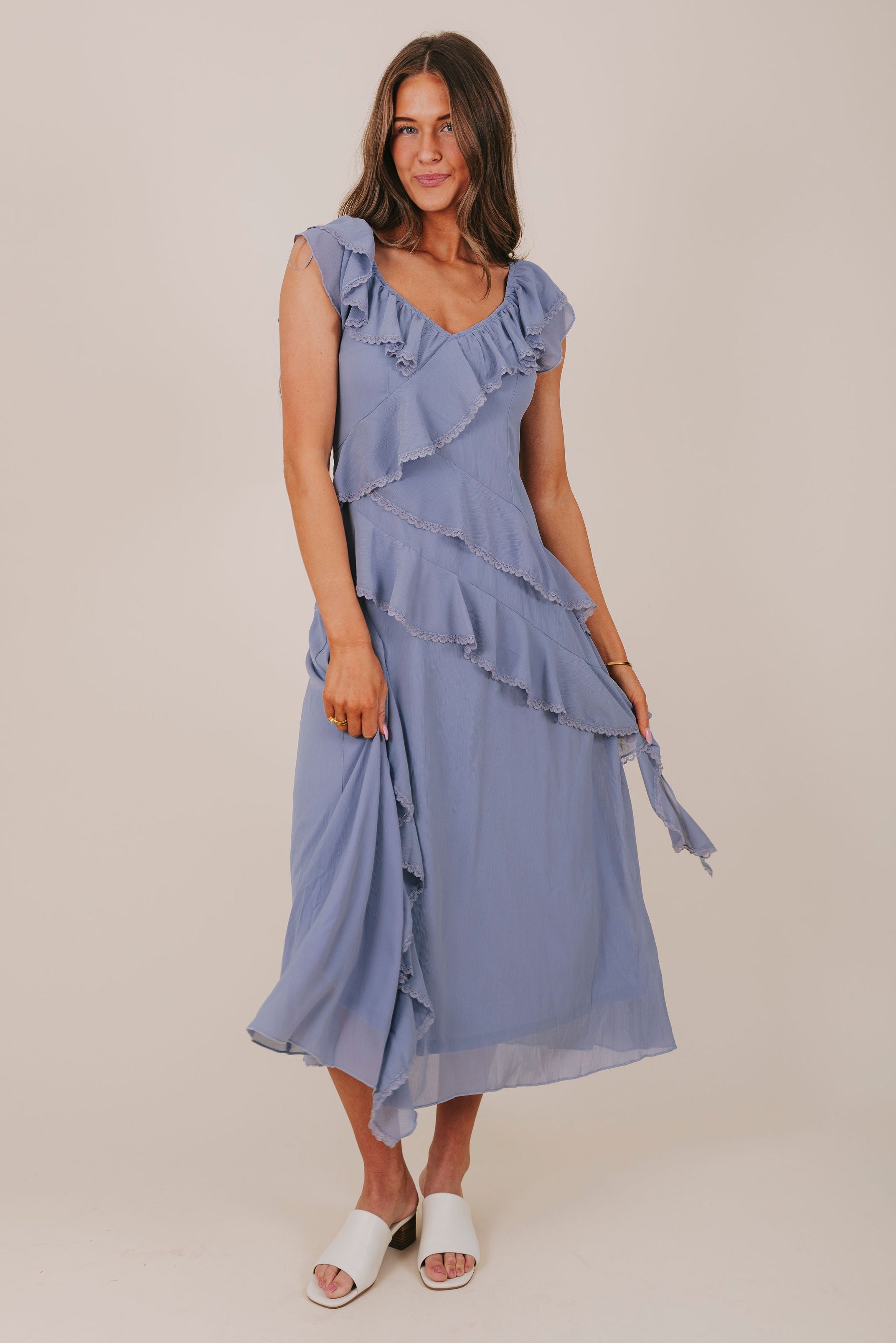 asymmetrical blue ruffle midi dress full