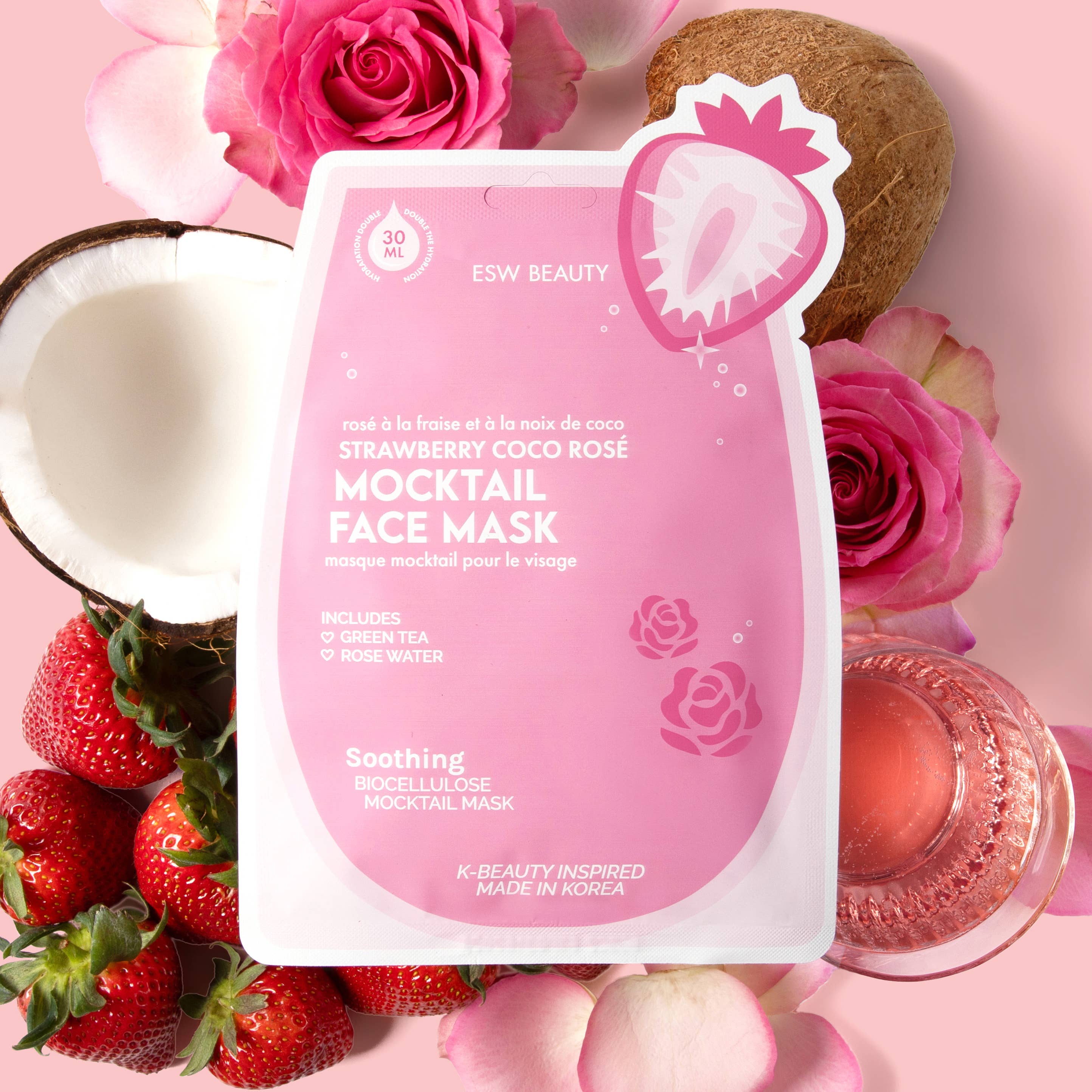 ESW BEAUTY - Strawberry Coco Rosé Soothing Biocellulose Mocktail Mask
