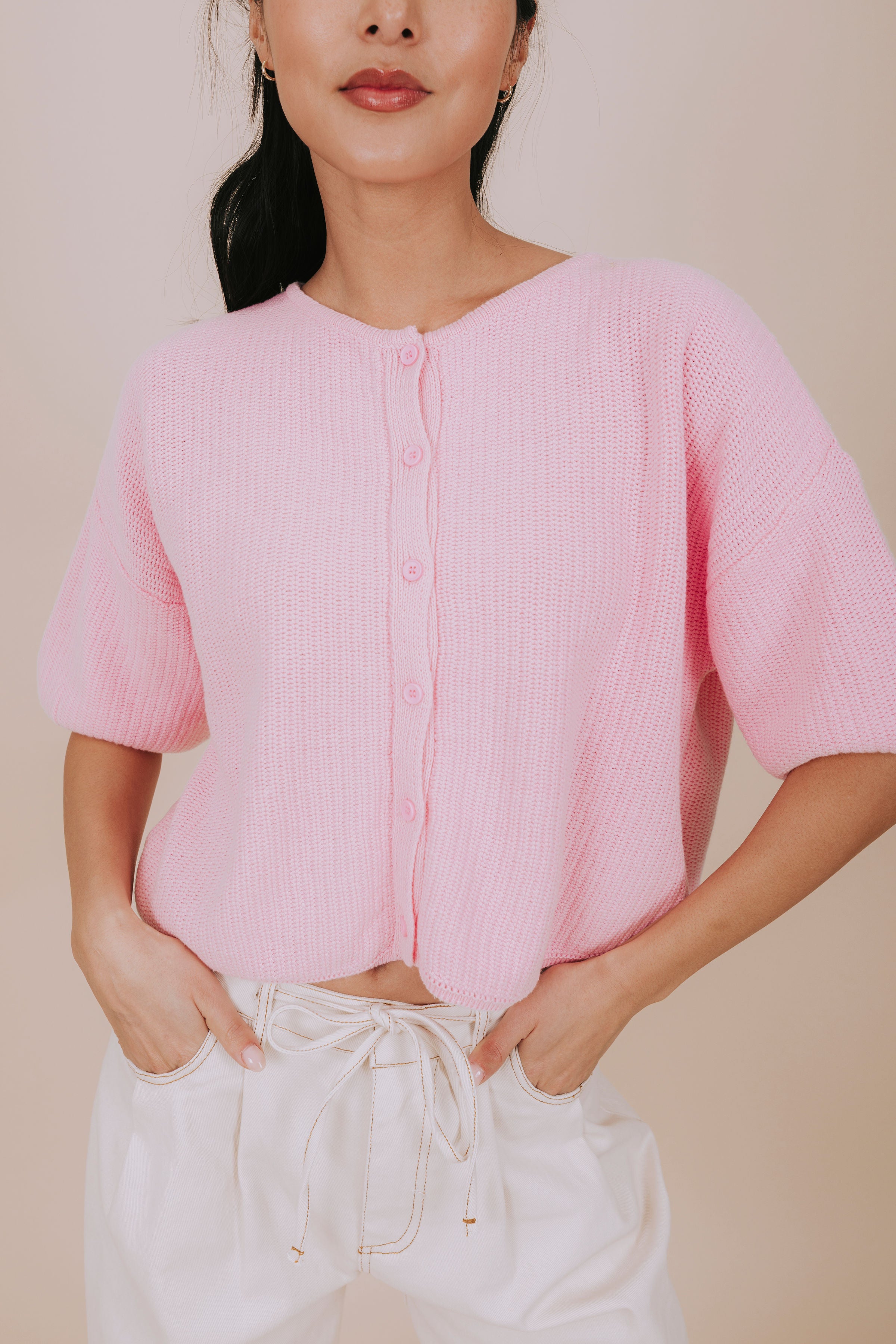 baby pink soft knit short sleeve cardigan detail