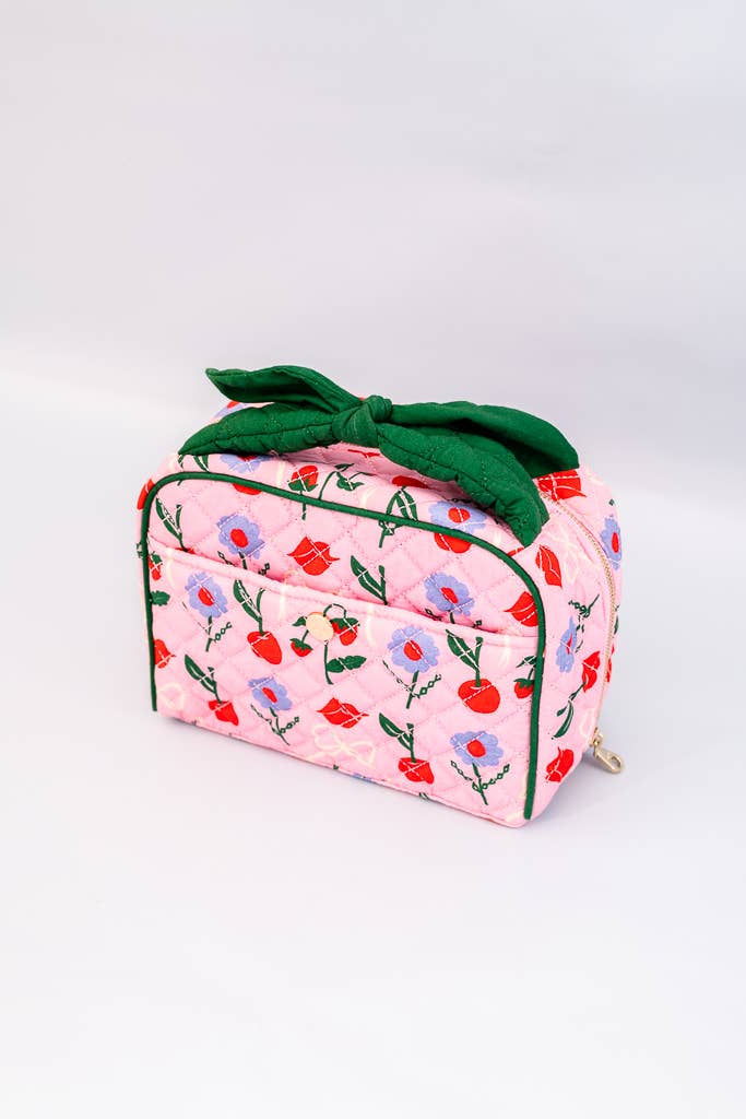 pink make up bag bow handle bows cherries strawberries flowers bows