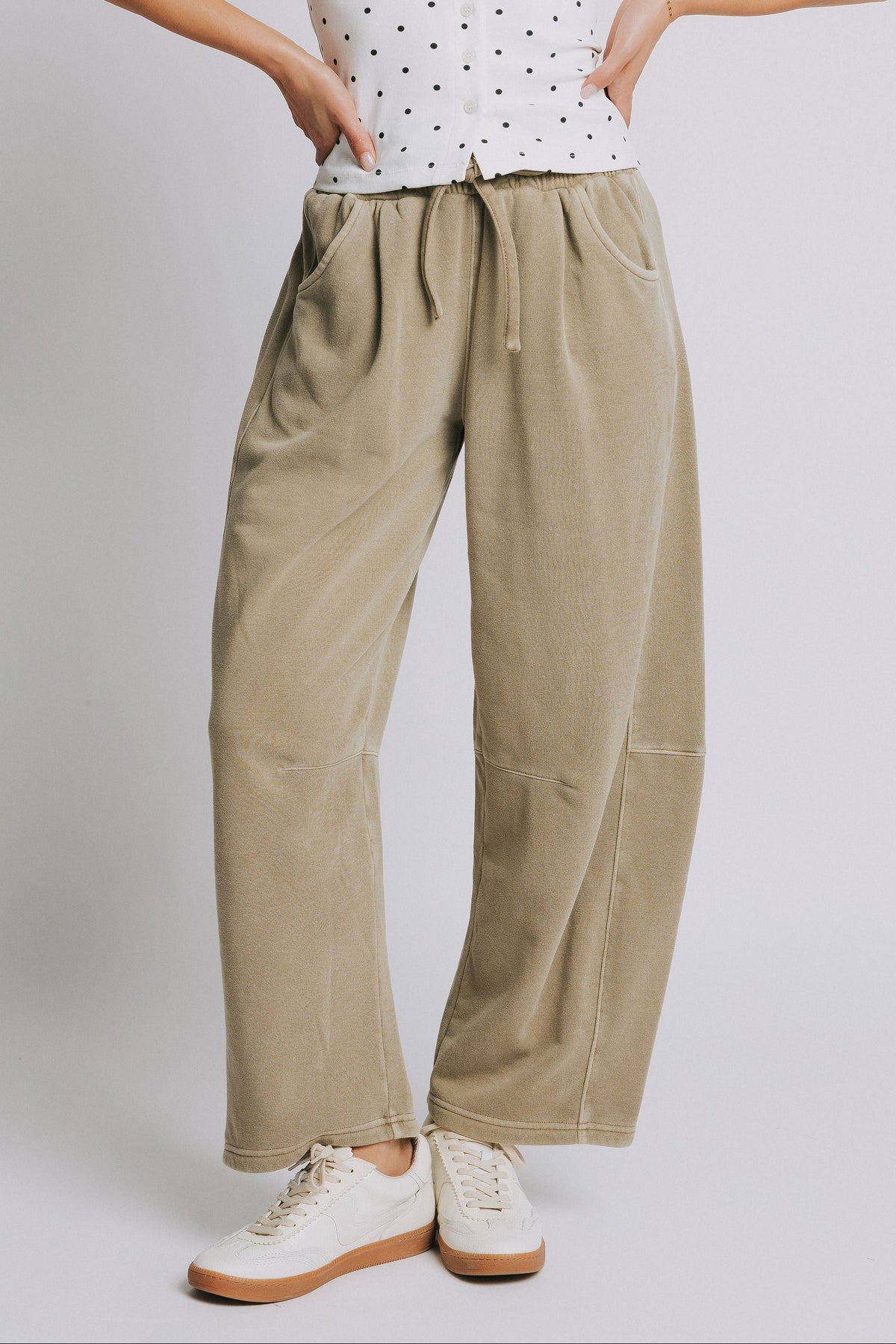 barrel leg cotton sweatpants olive front