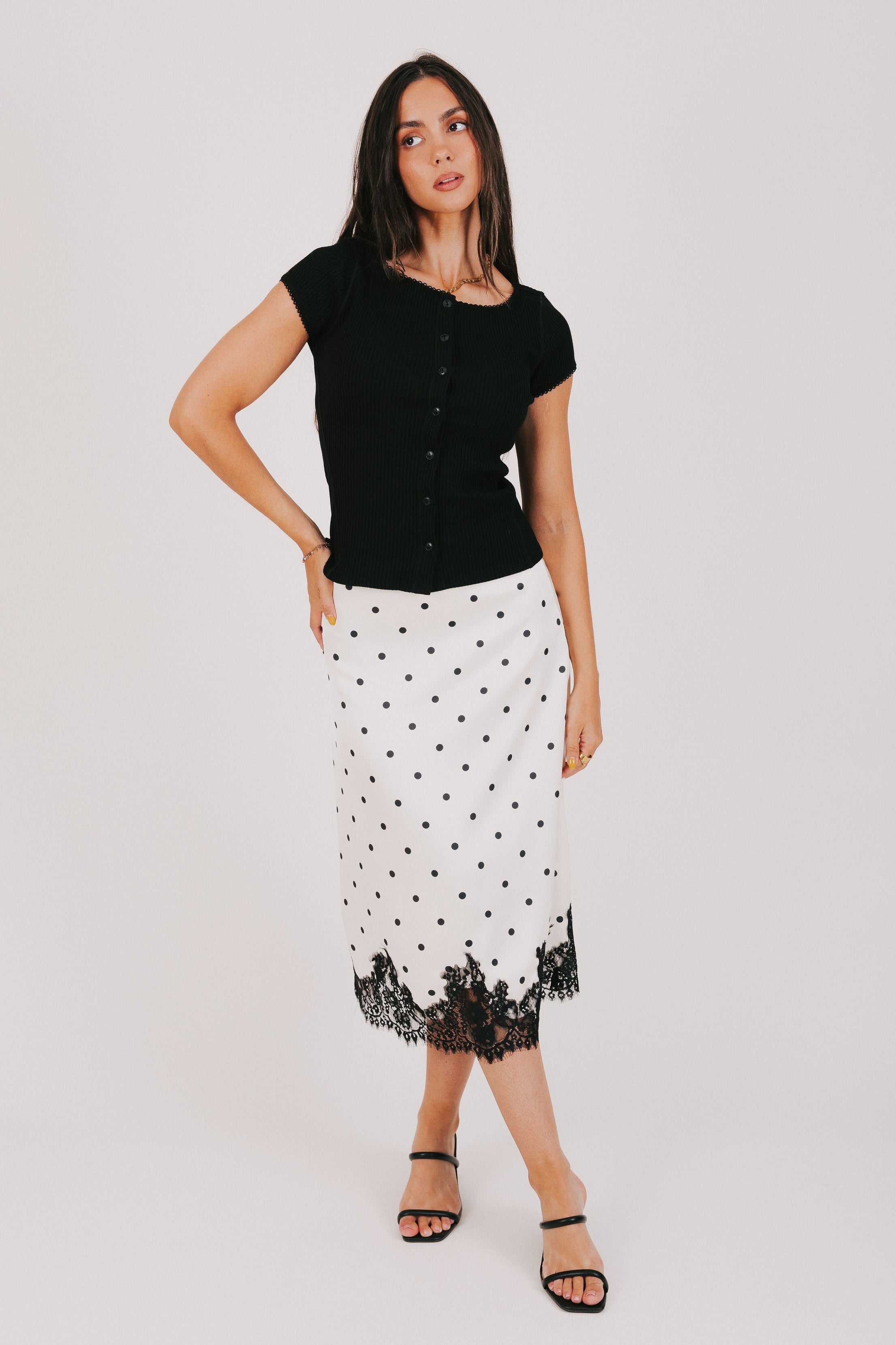 black and white polka dot satin skirt with lace hem