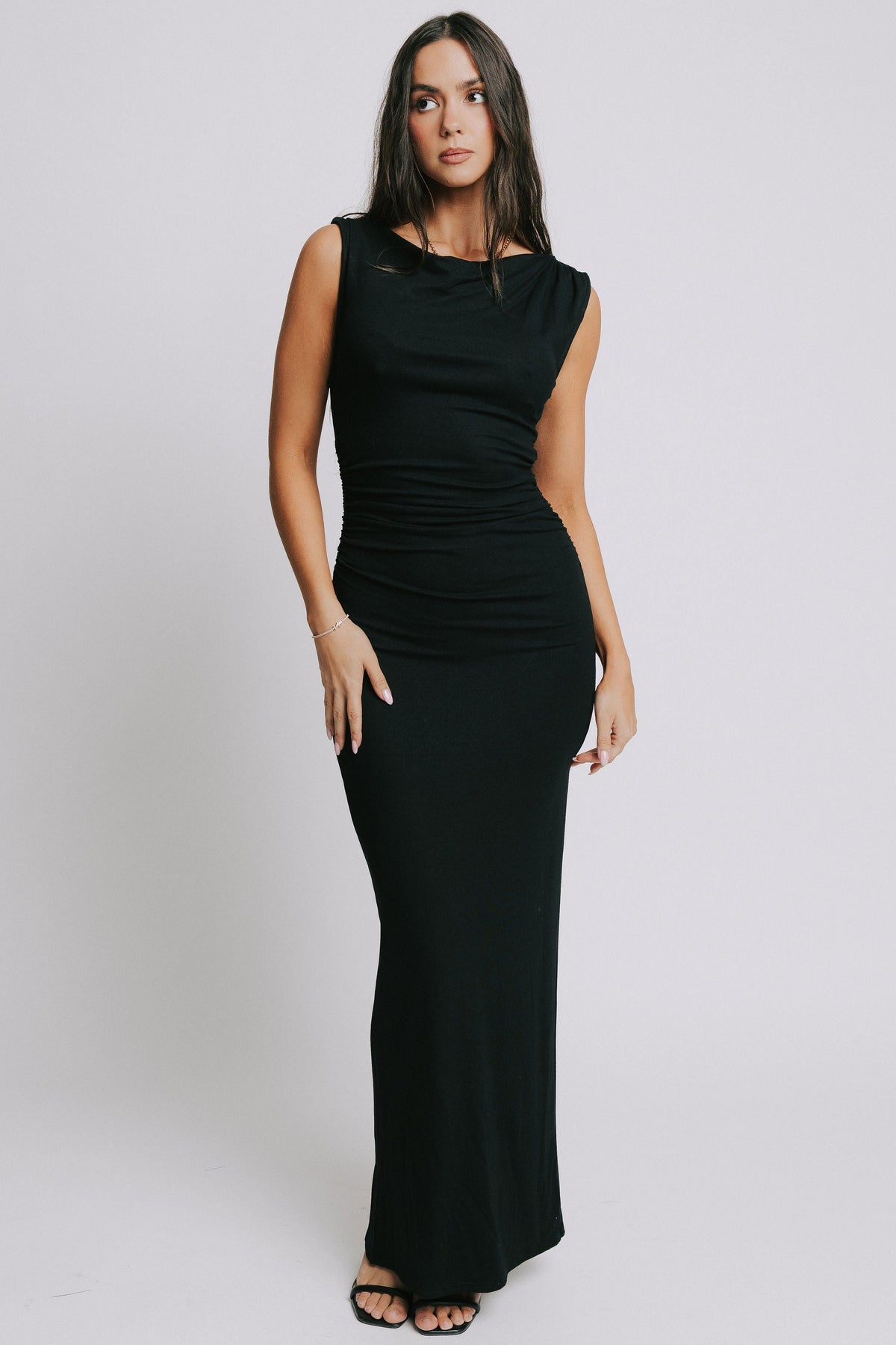black sleeveless maxi dress with cowl neck full