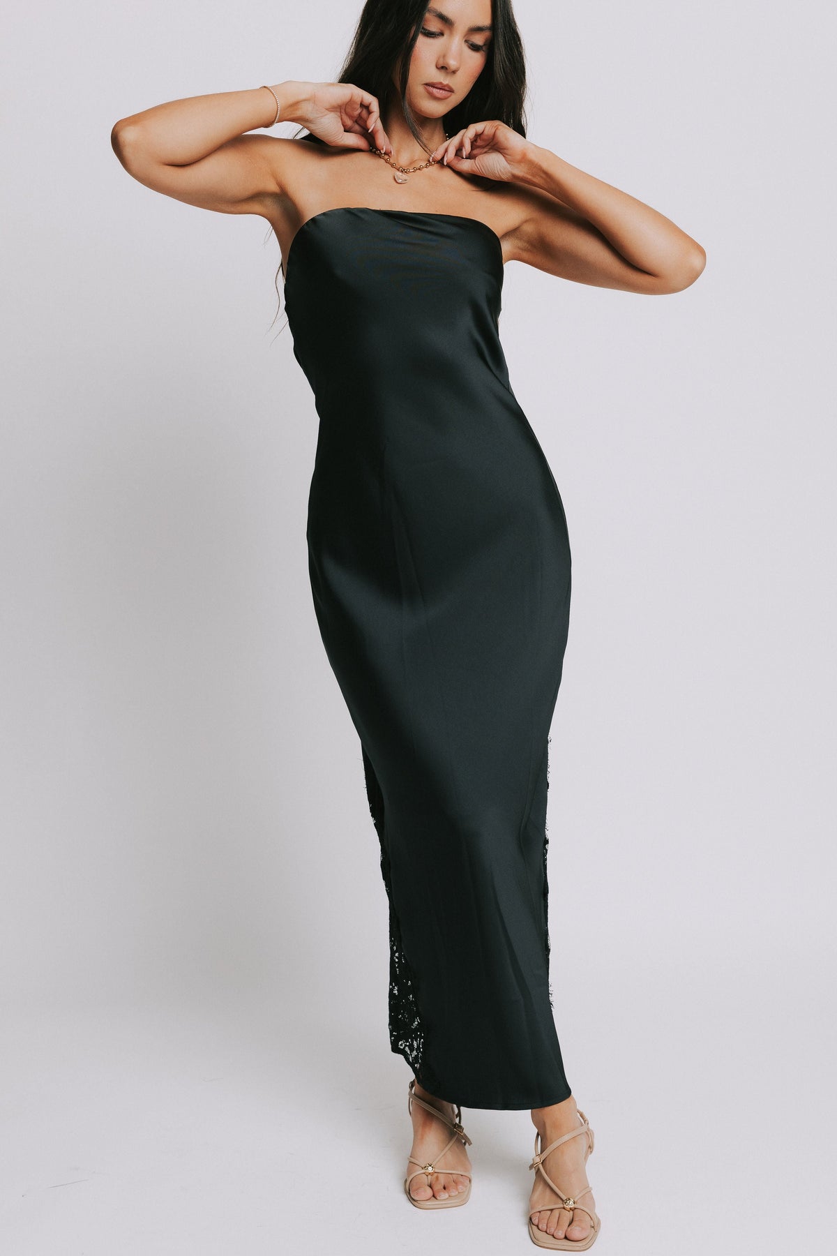 black strapless satin maxi dress with lace detailing