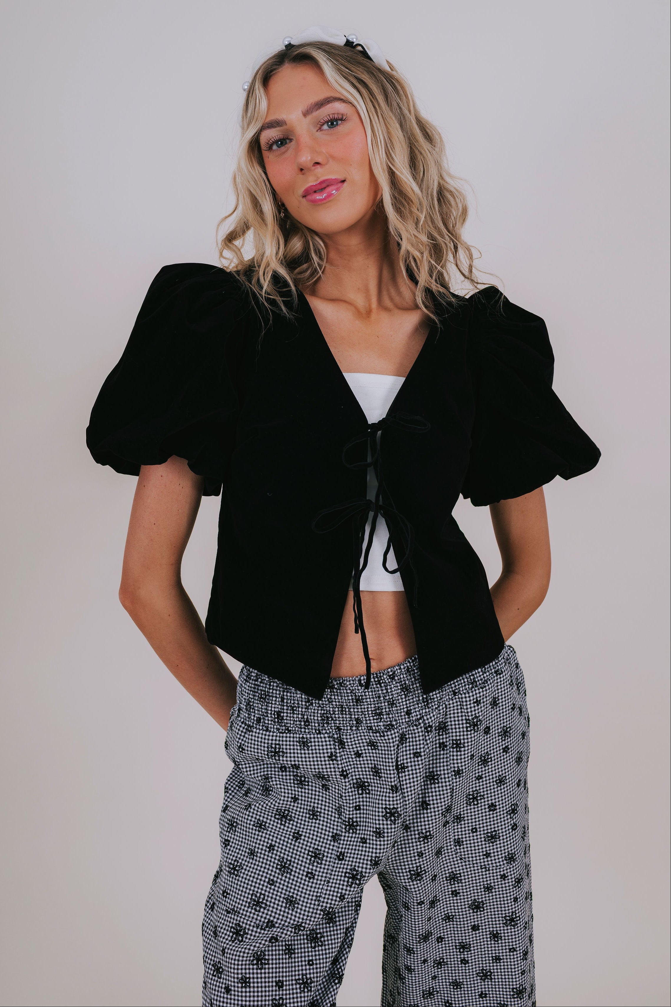 black velvet puff sleeve top front
