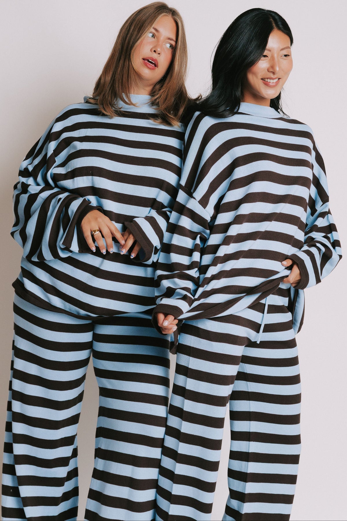 blue and brown striped crewneck long sleeve top models