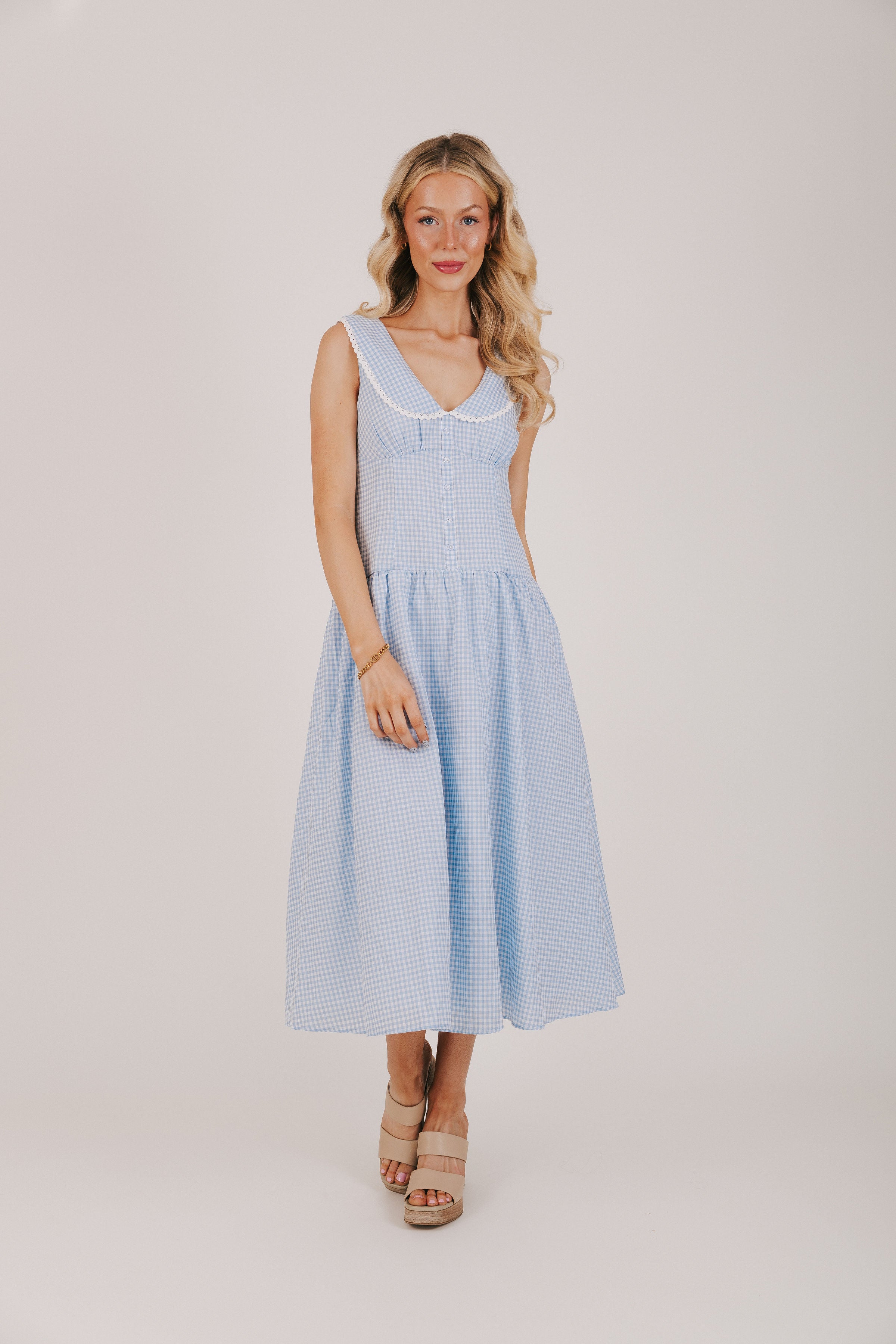 blue and white gingham dress with lace collar