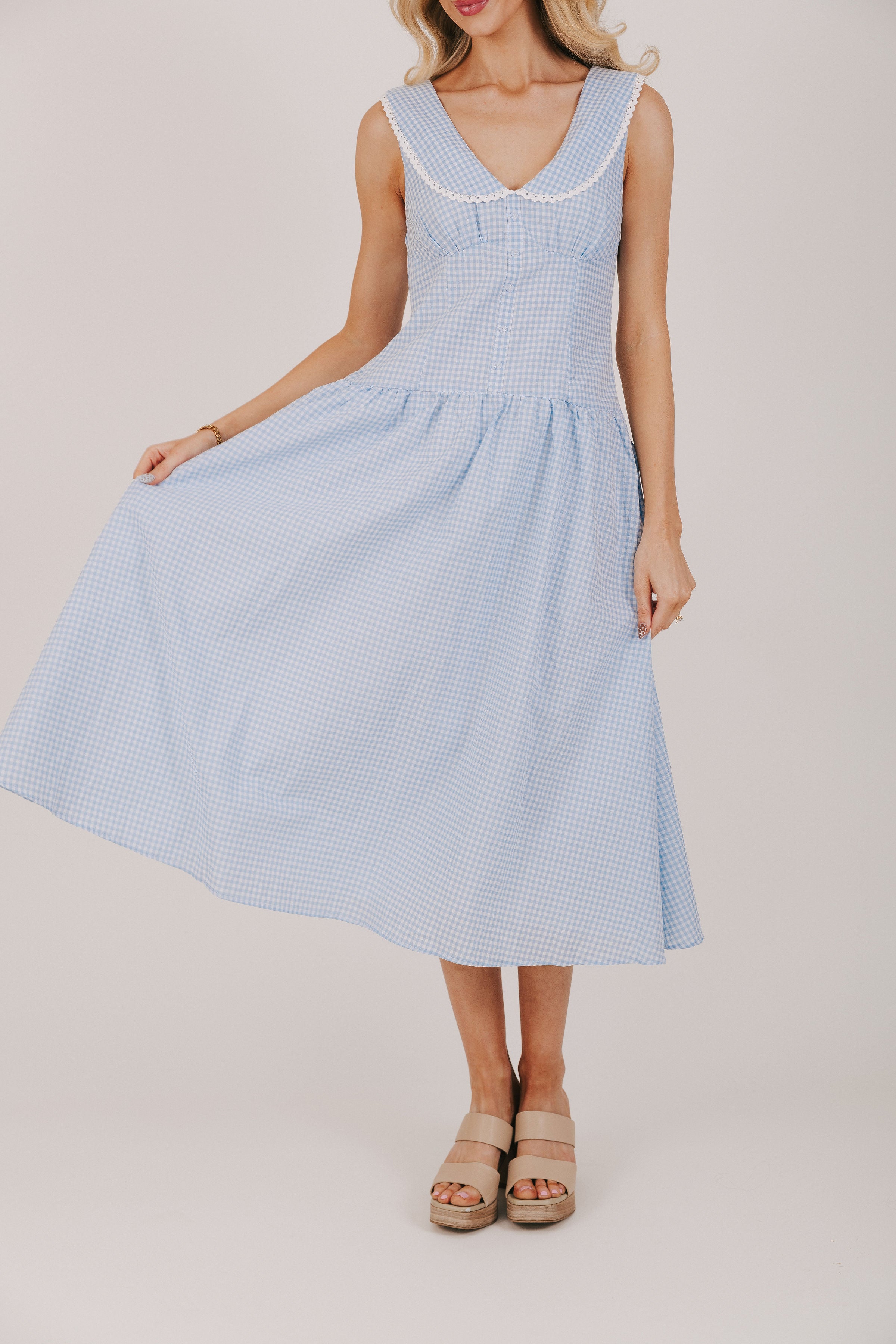 blue and white gingham dress with lace collar