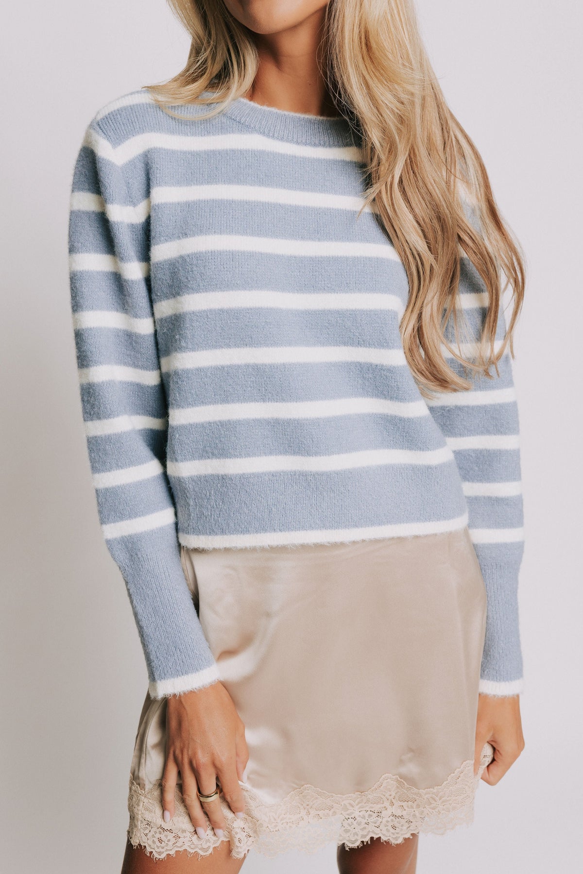 blue and white striped sweater front