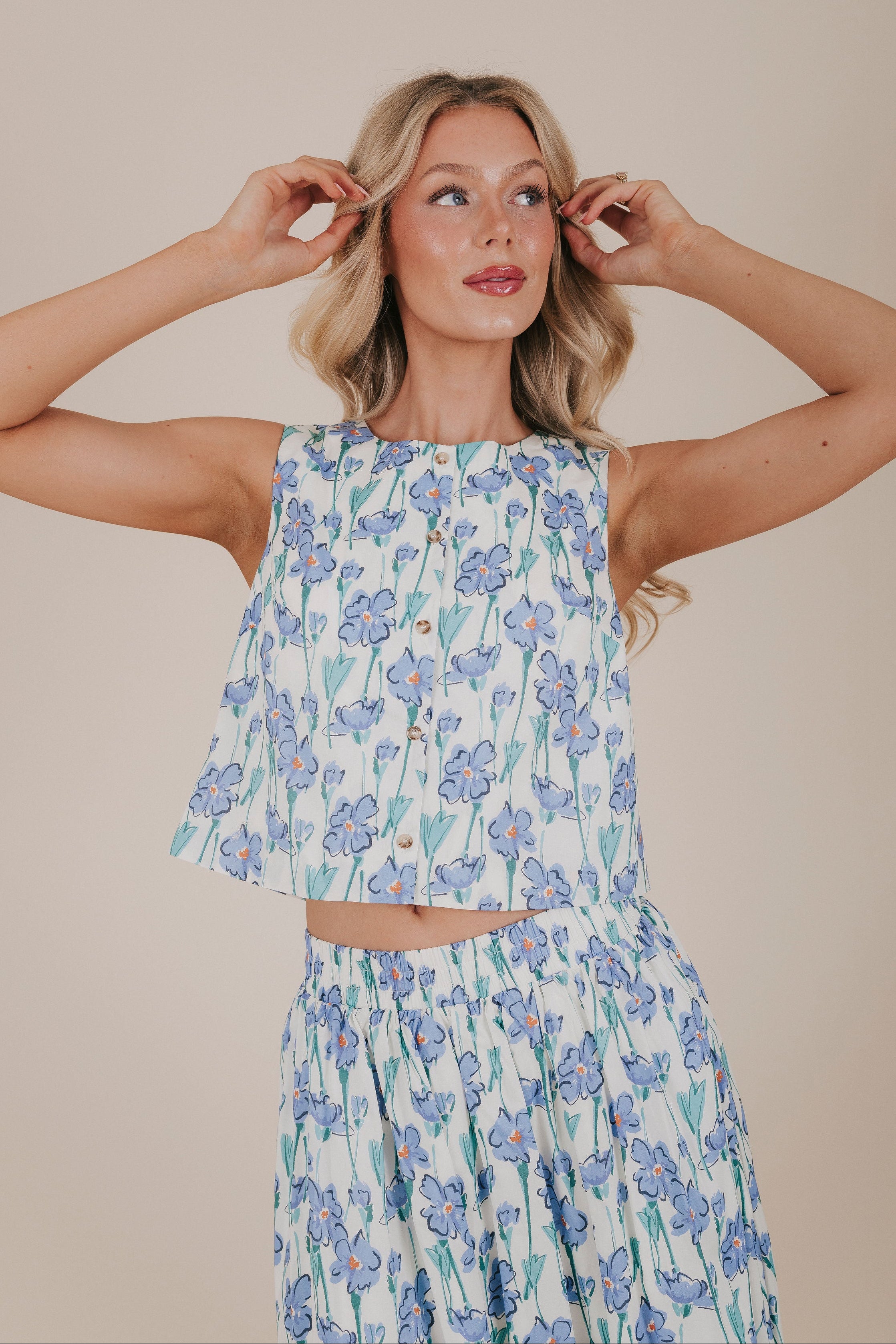 blue bold floral print button down top front