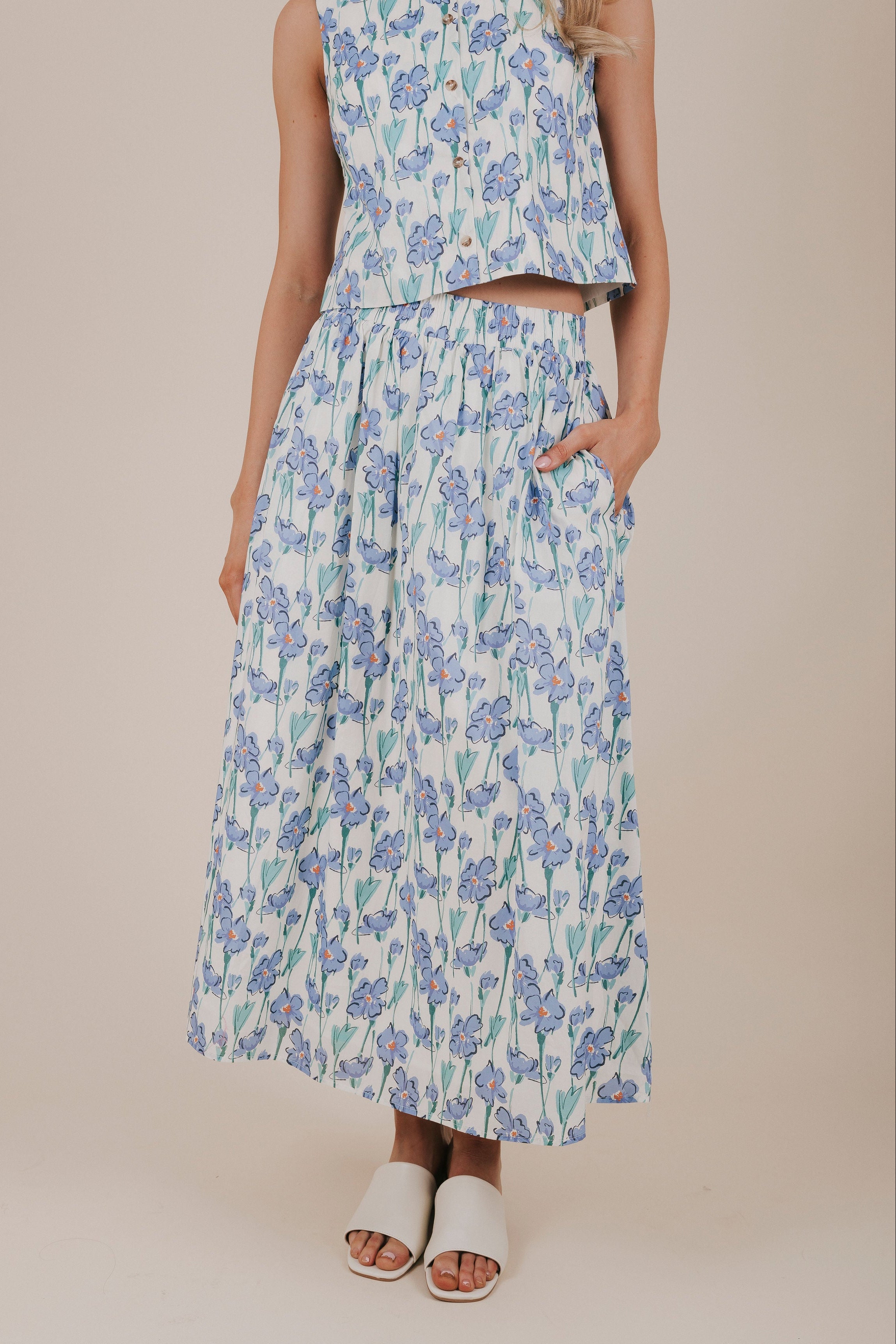 blue bold floral print elastic midi skirt front