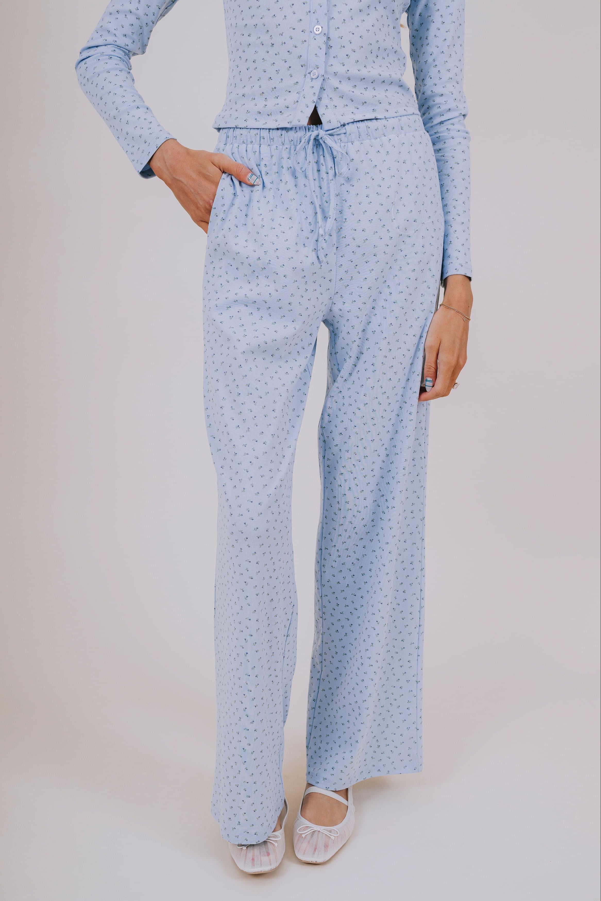 blue dainty floral lounge pants front