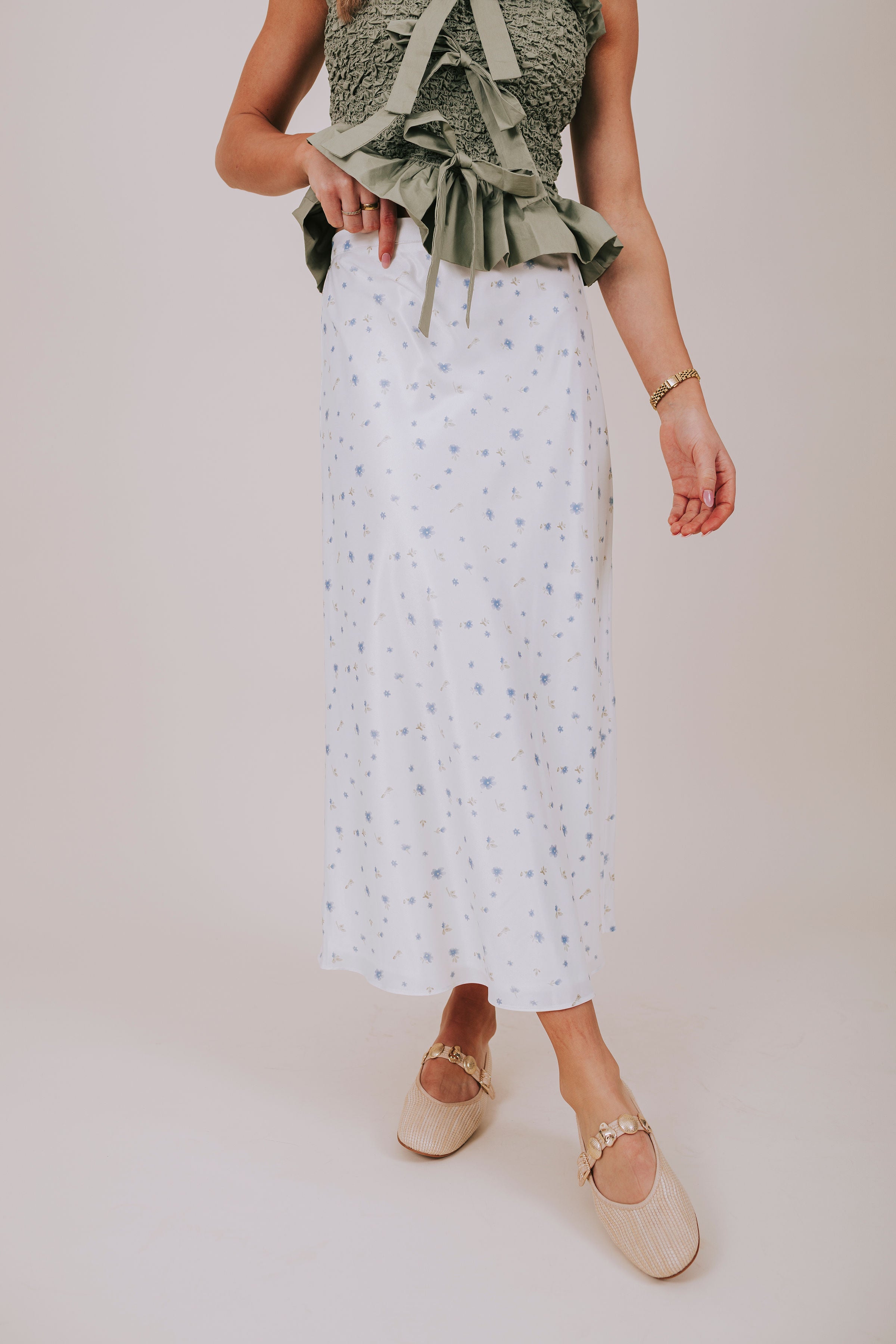 blue floral satin maxi skirt front