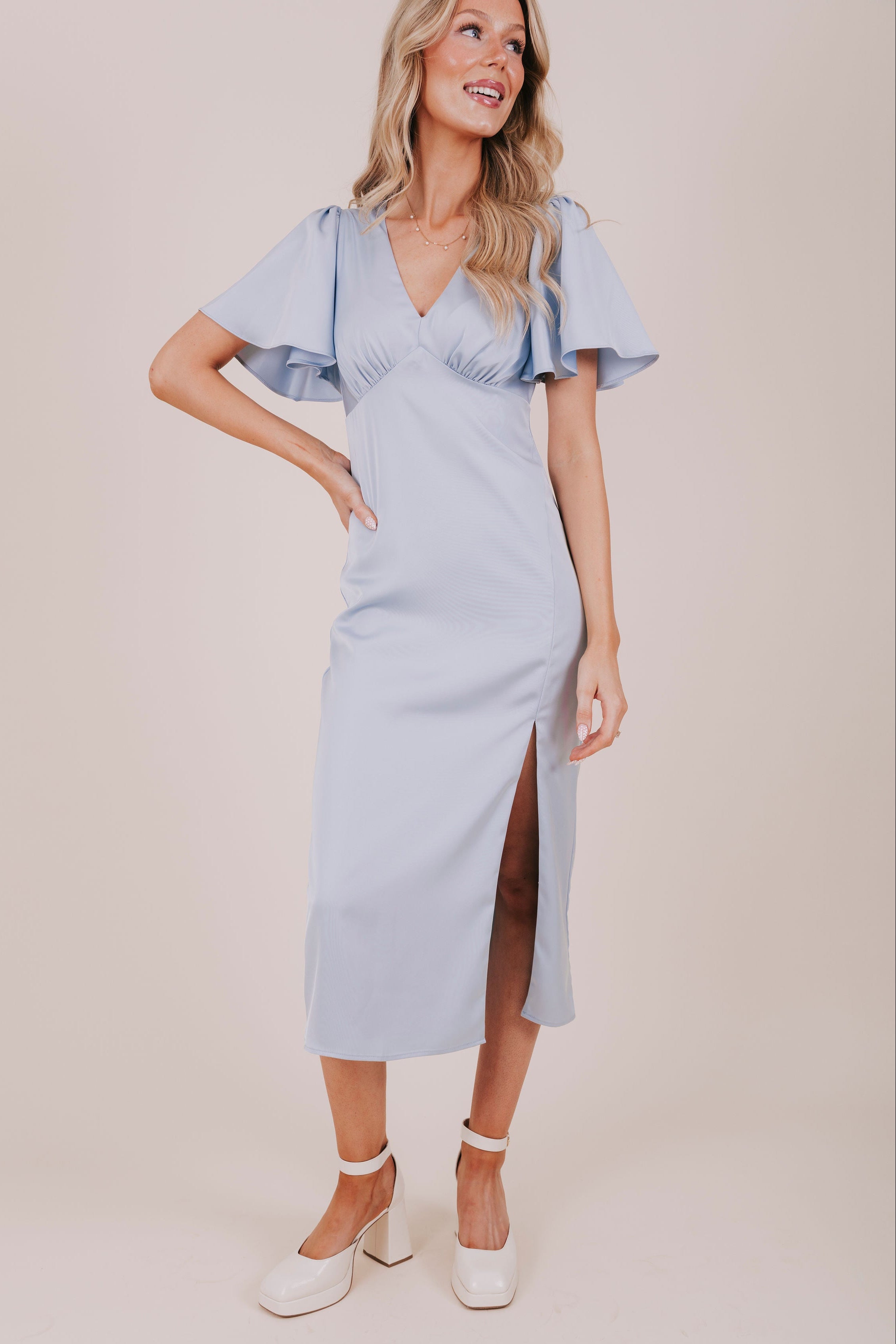 blue flutter sleeve satin slit midi dress front
