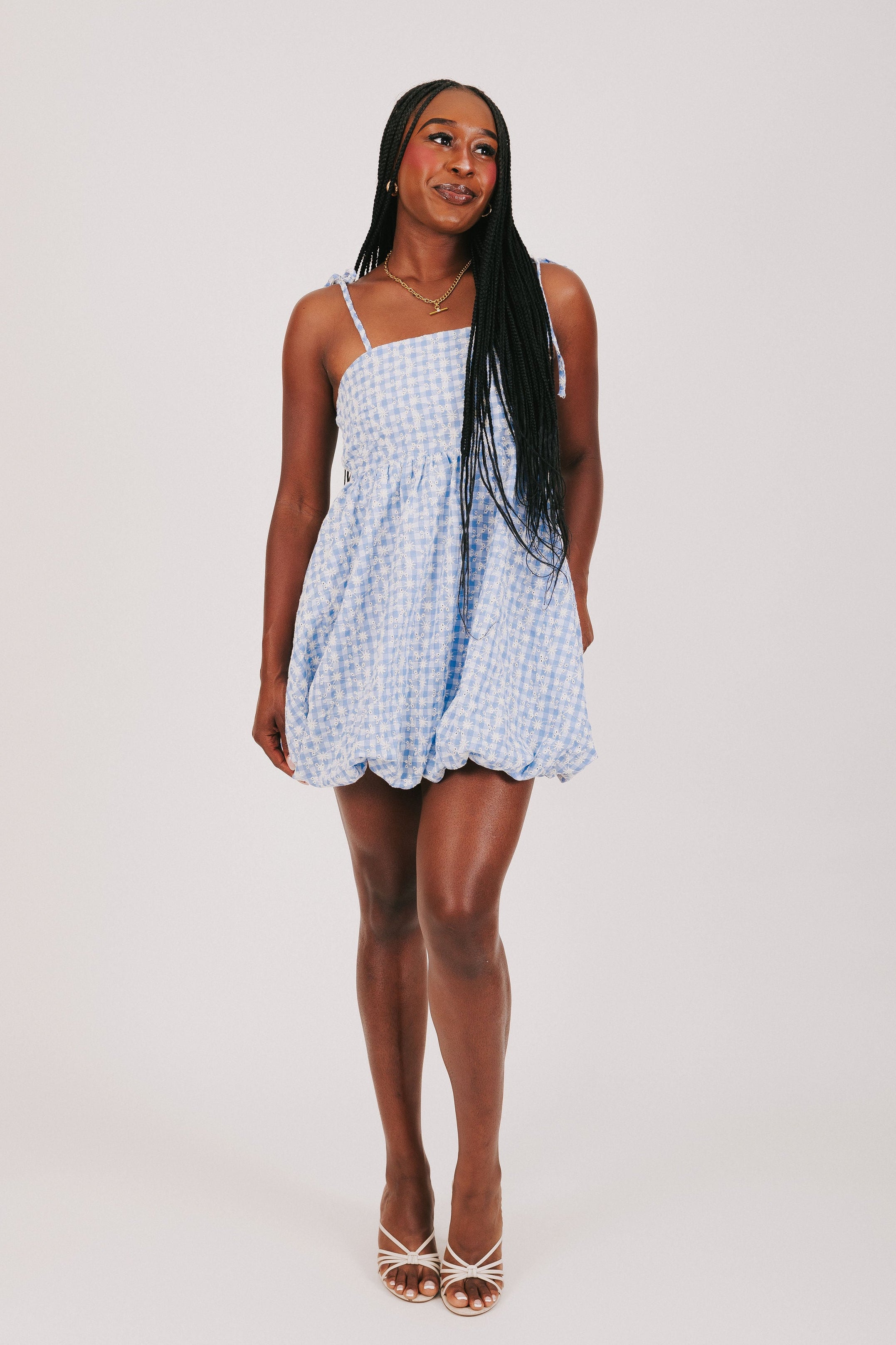 blue gingham bubble hem mini dress