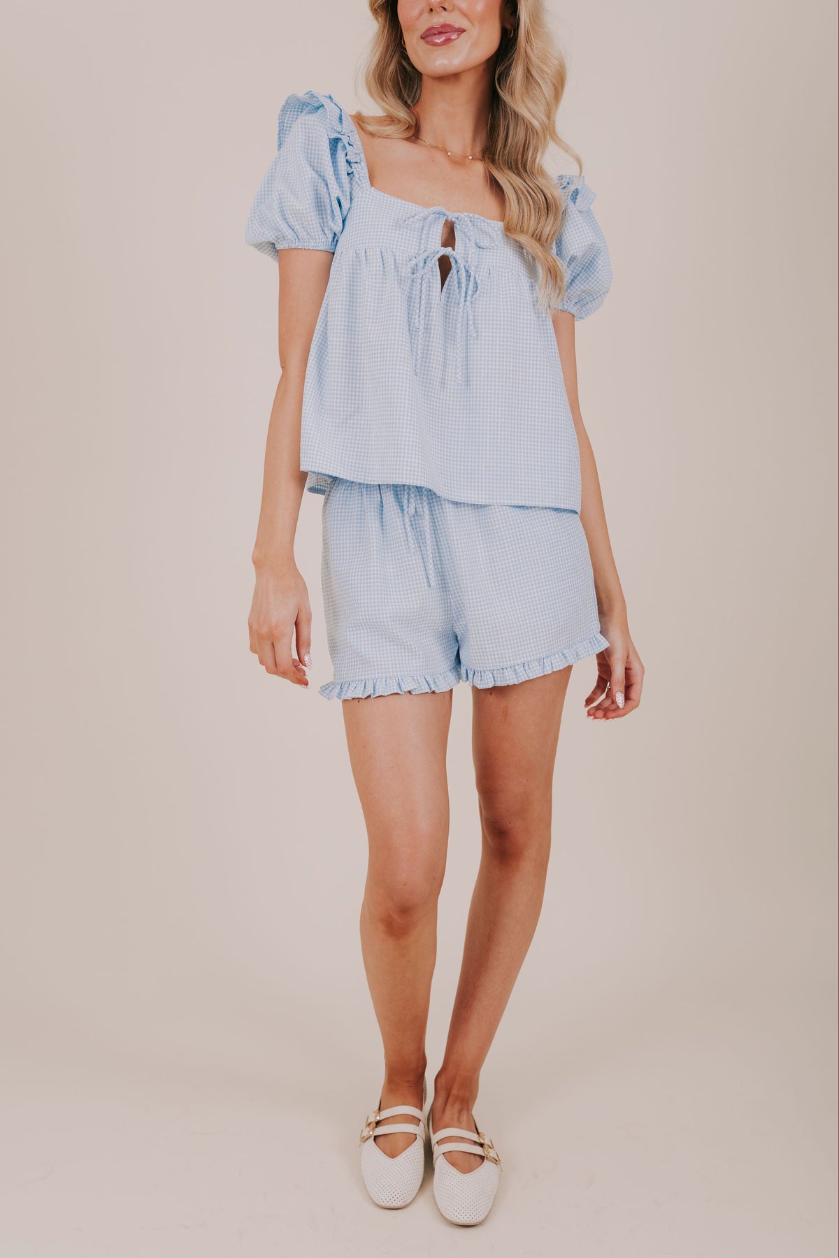 blue gingham ruffle two piece set front