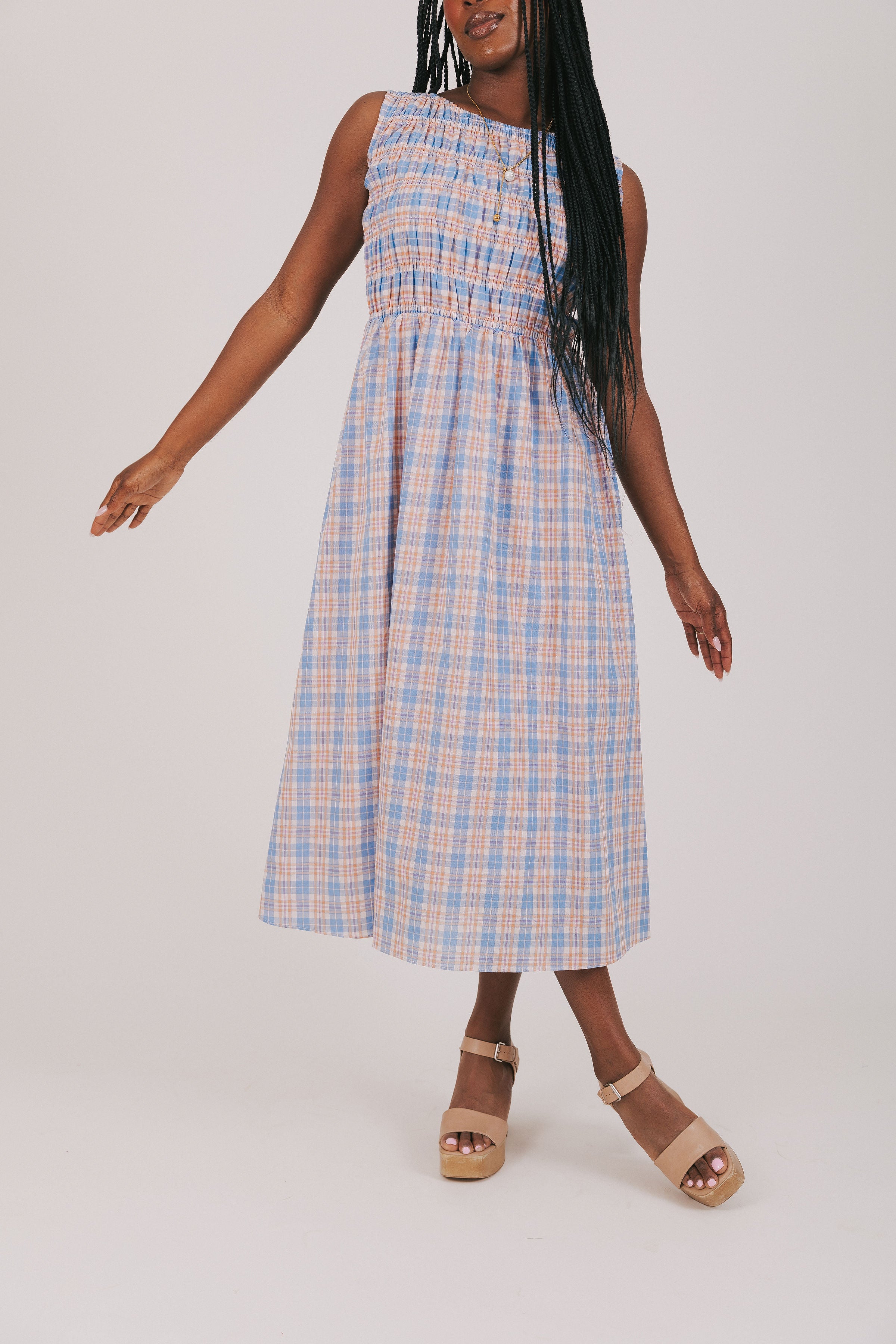 blue orange plaid smocked midi dress front