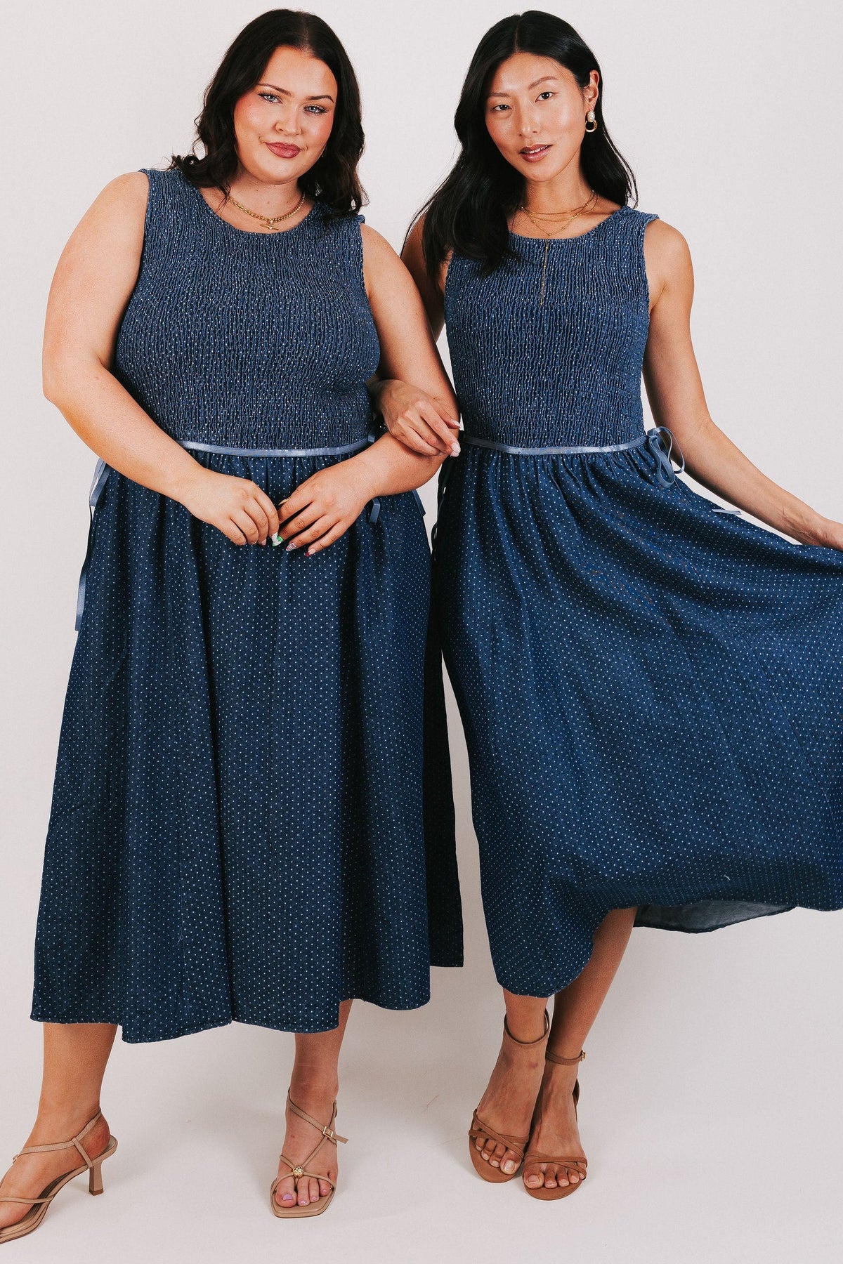 blue polka dot dress with shirred bodice models