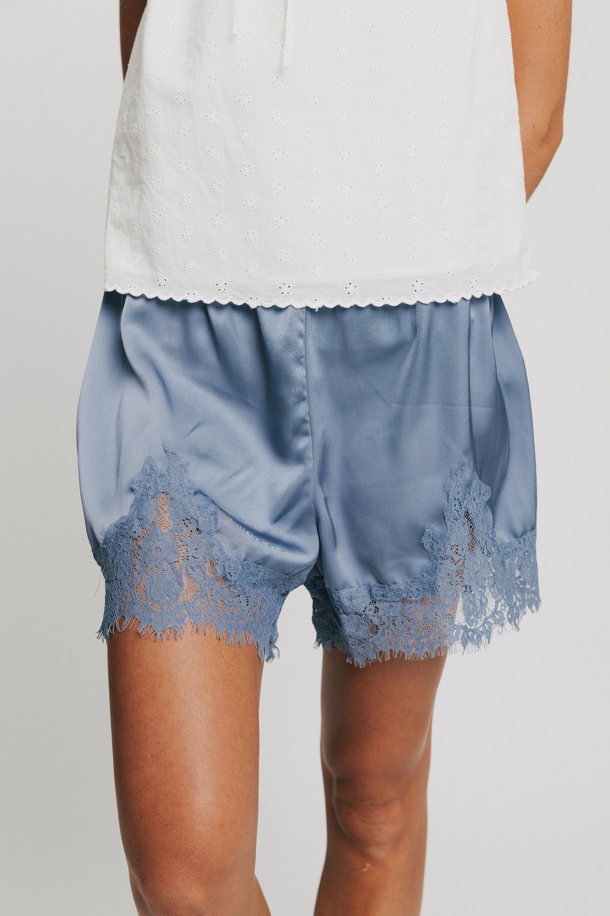 blue satin lace trim shorts