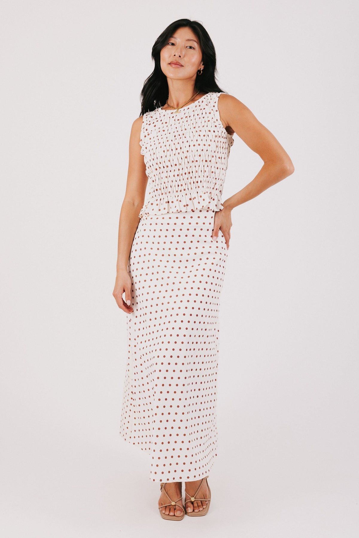 brown and cream polka dot maxi skirt