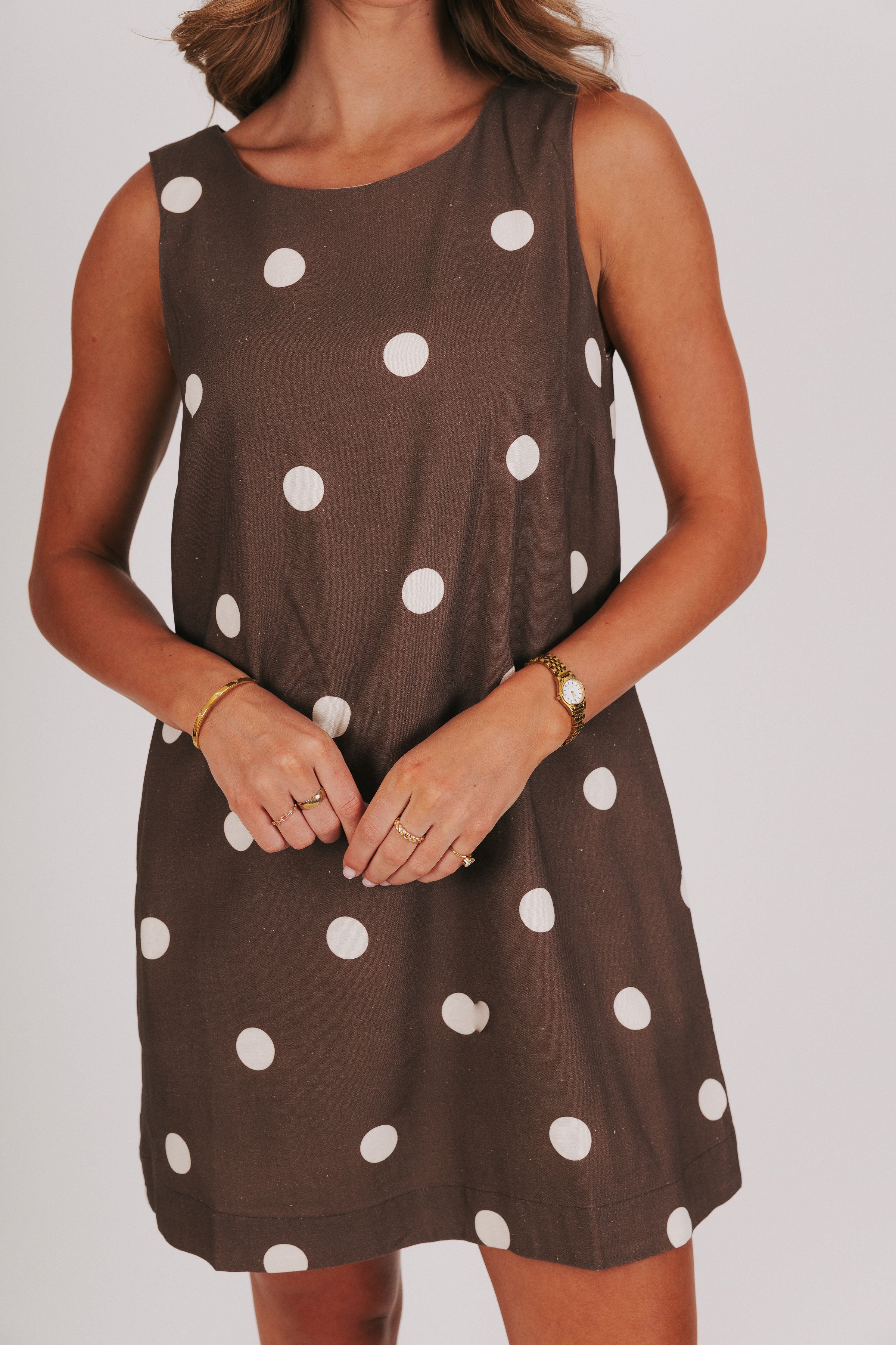 brown and cream polka dot mini dress
