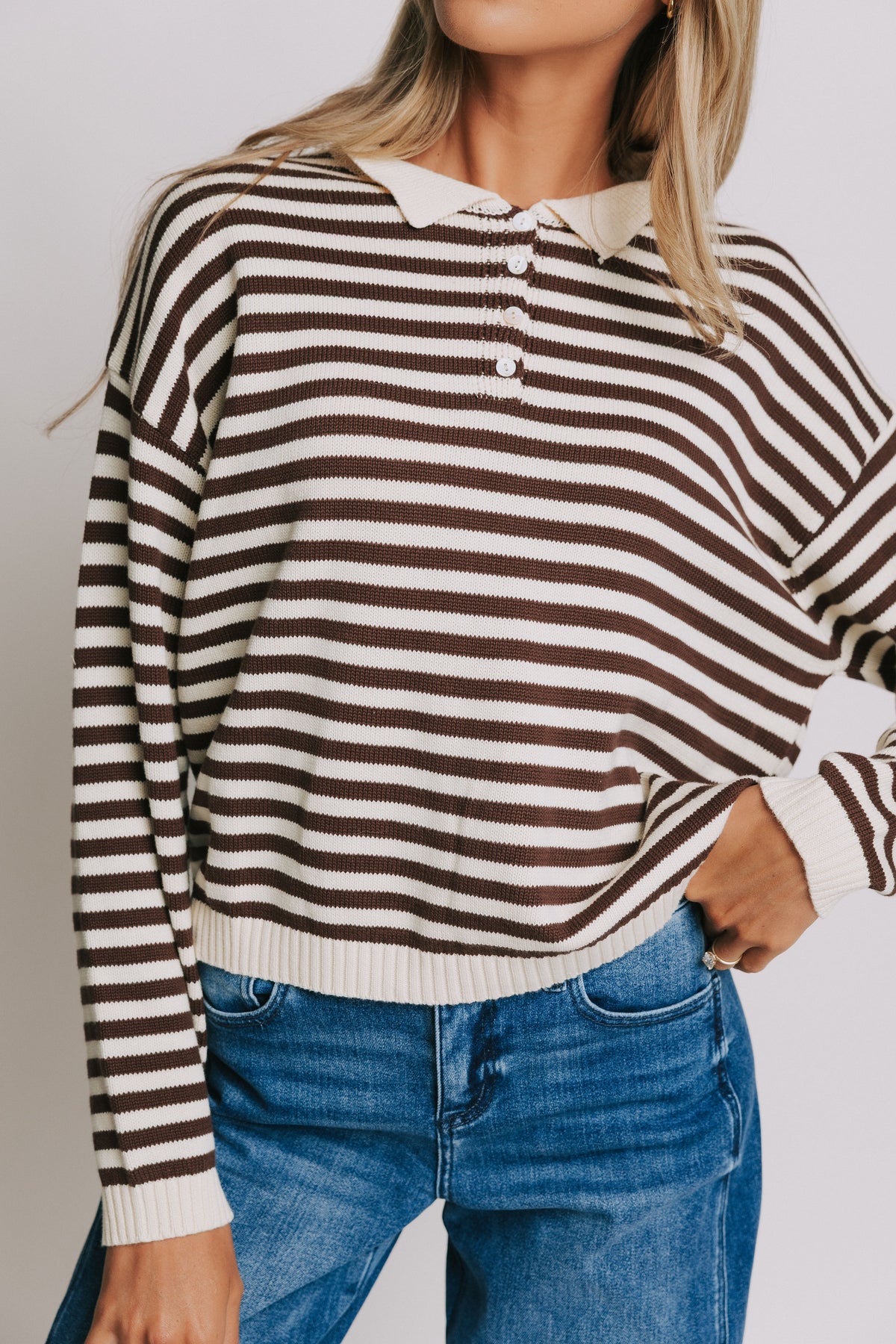 brown and cream striped sweater with collar