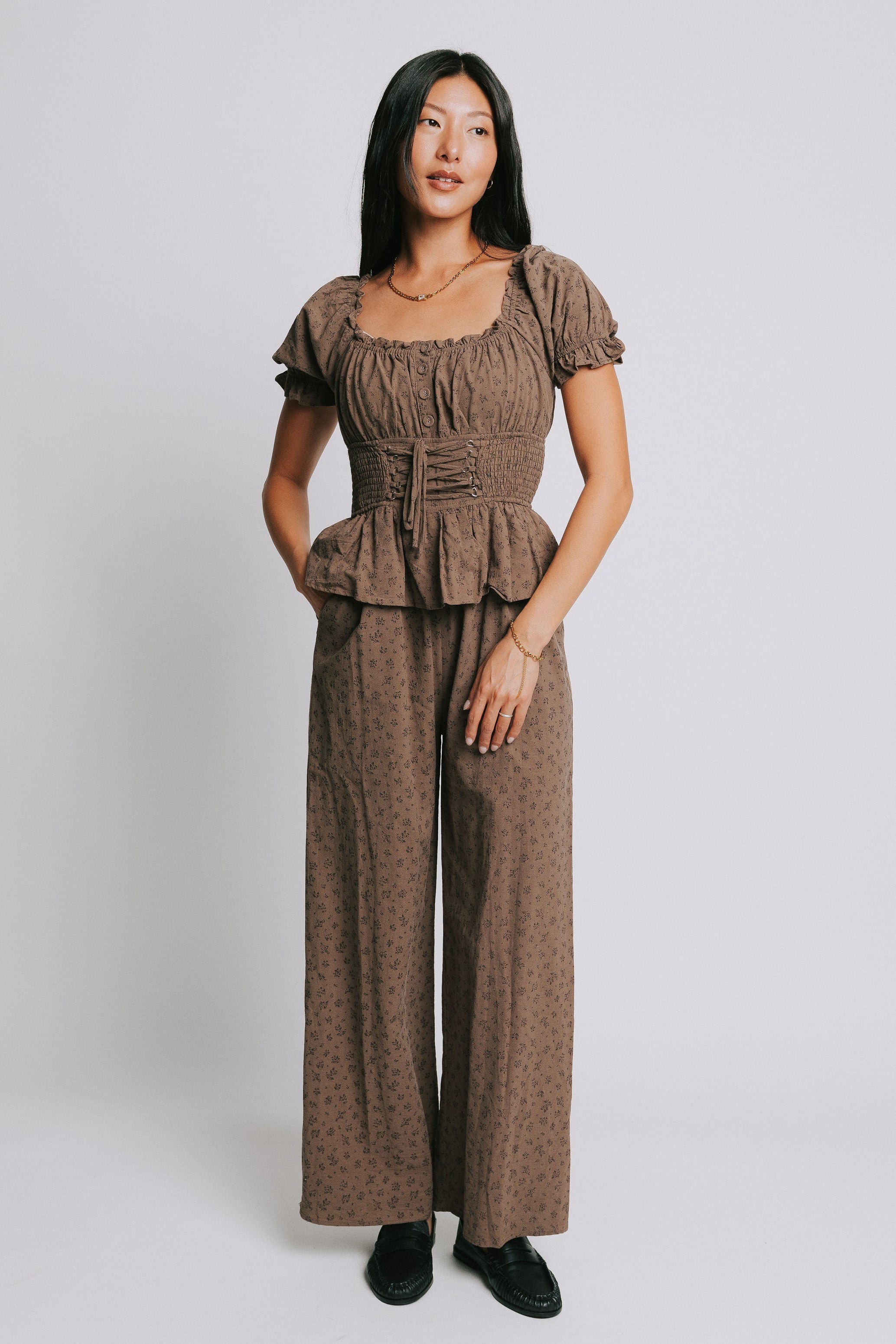 brown floral print jumpsuit with corset style bodice