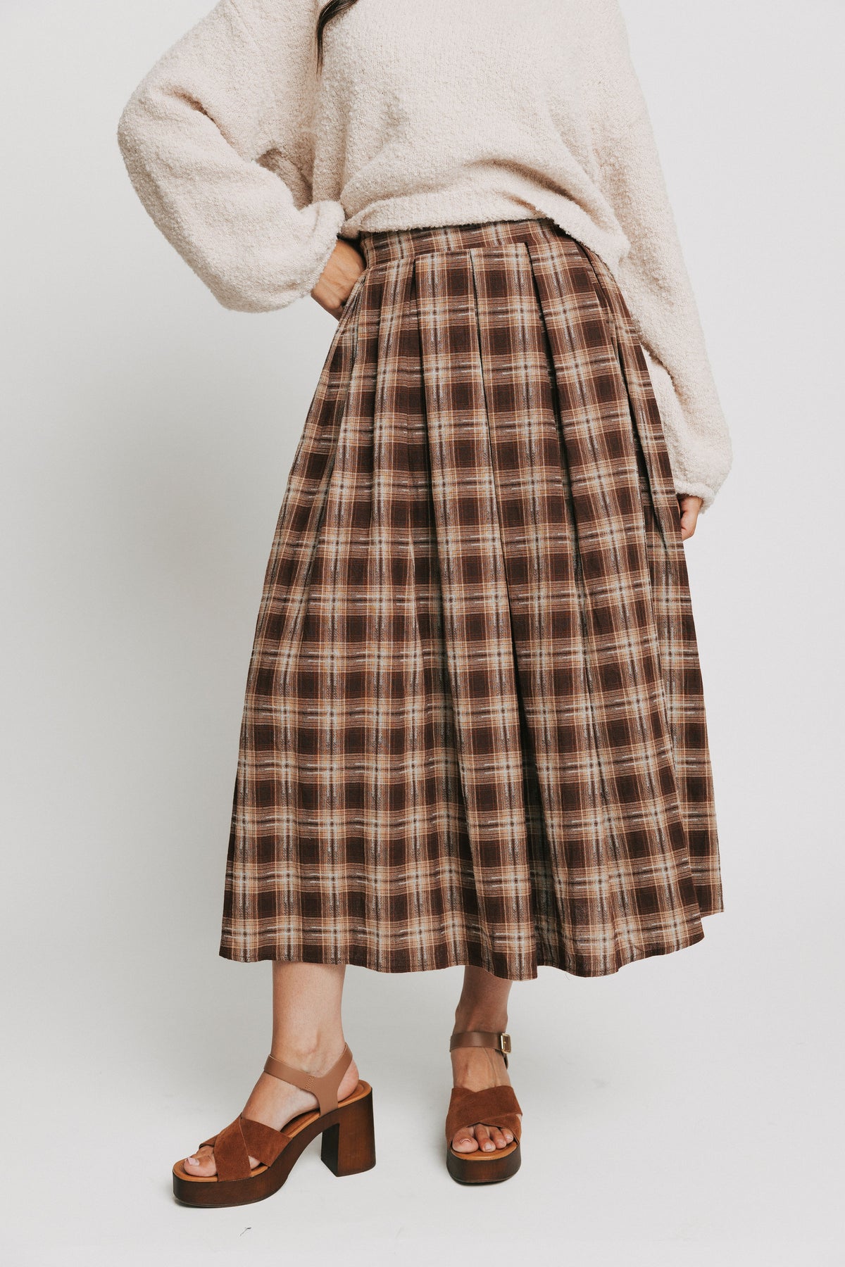 brown plaid pleated midi skirt