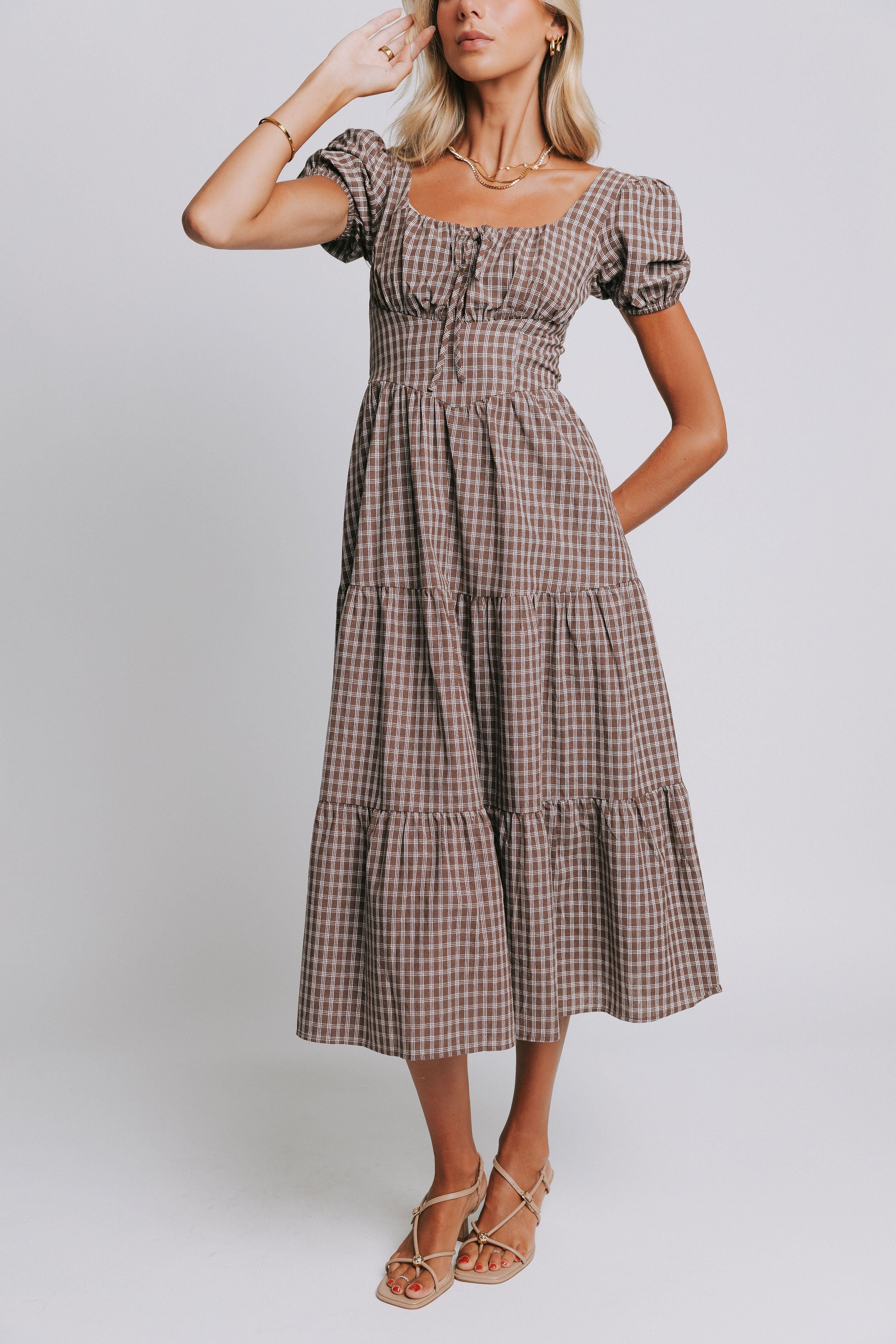 brown plaid puff sleeve tiered midi dress