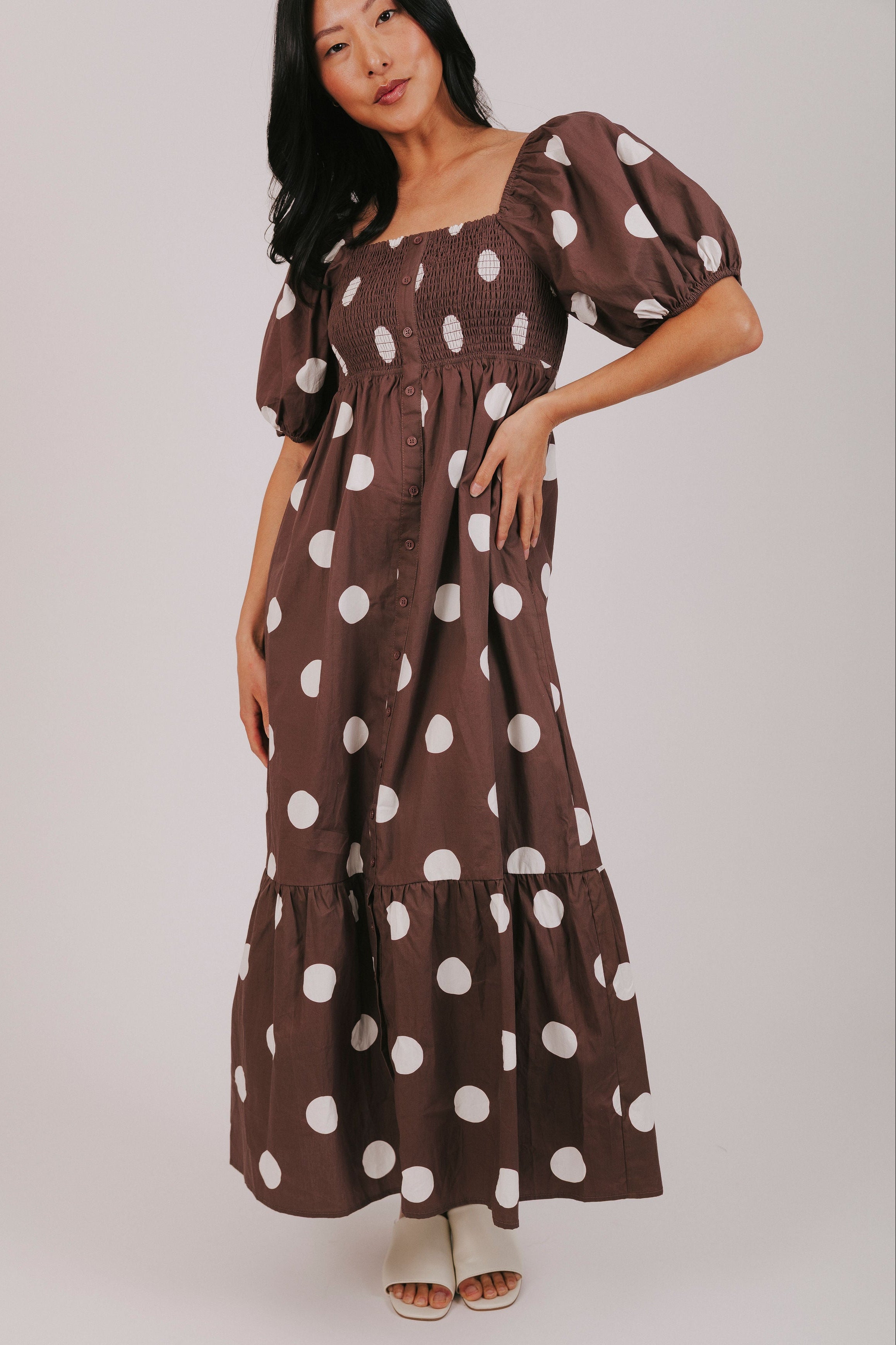 brown polka dot button down maxi dress front