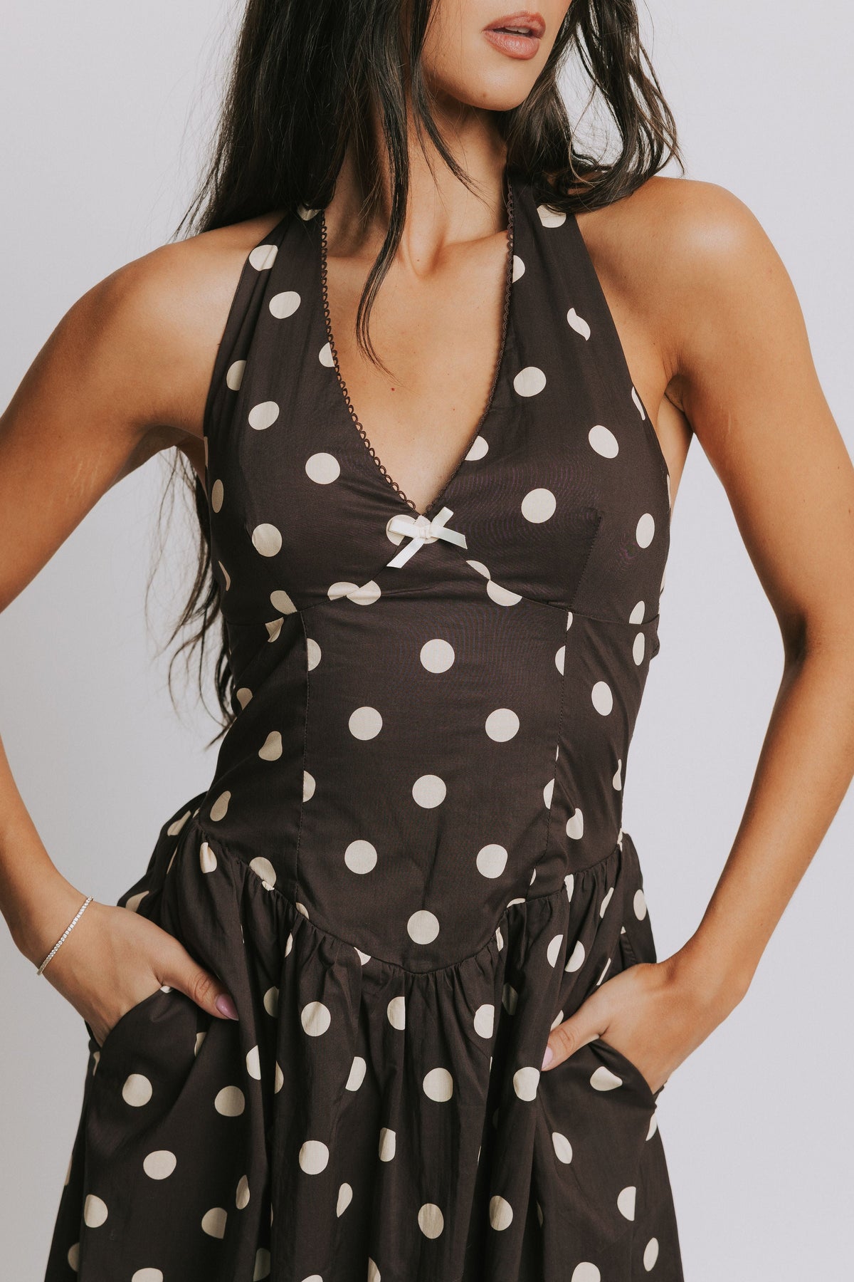 brown polka dot halter midi dress bodice