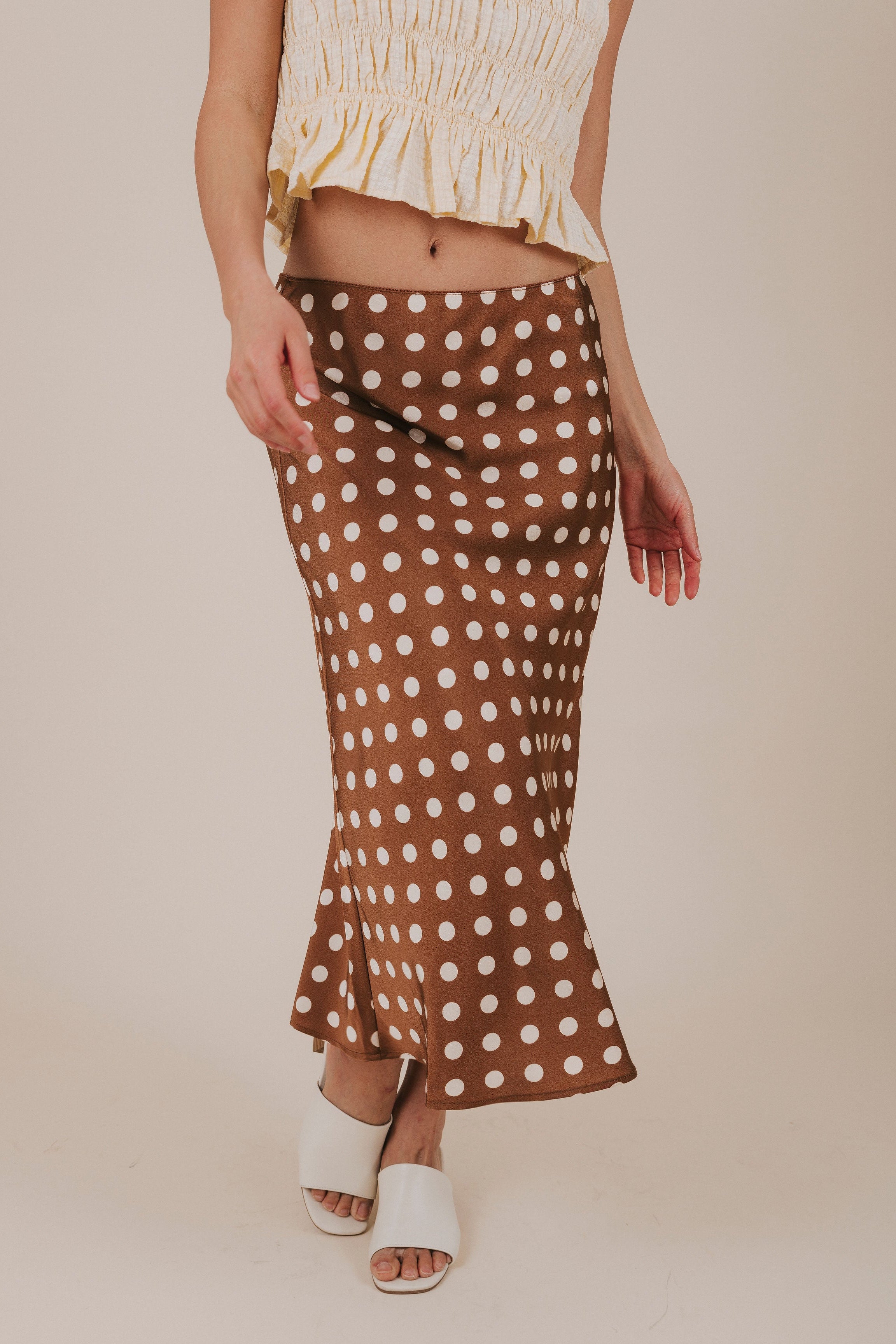 brown polka dot midi skirt front