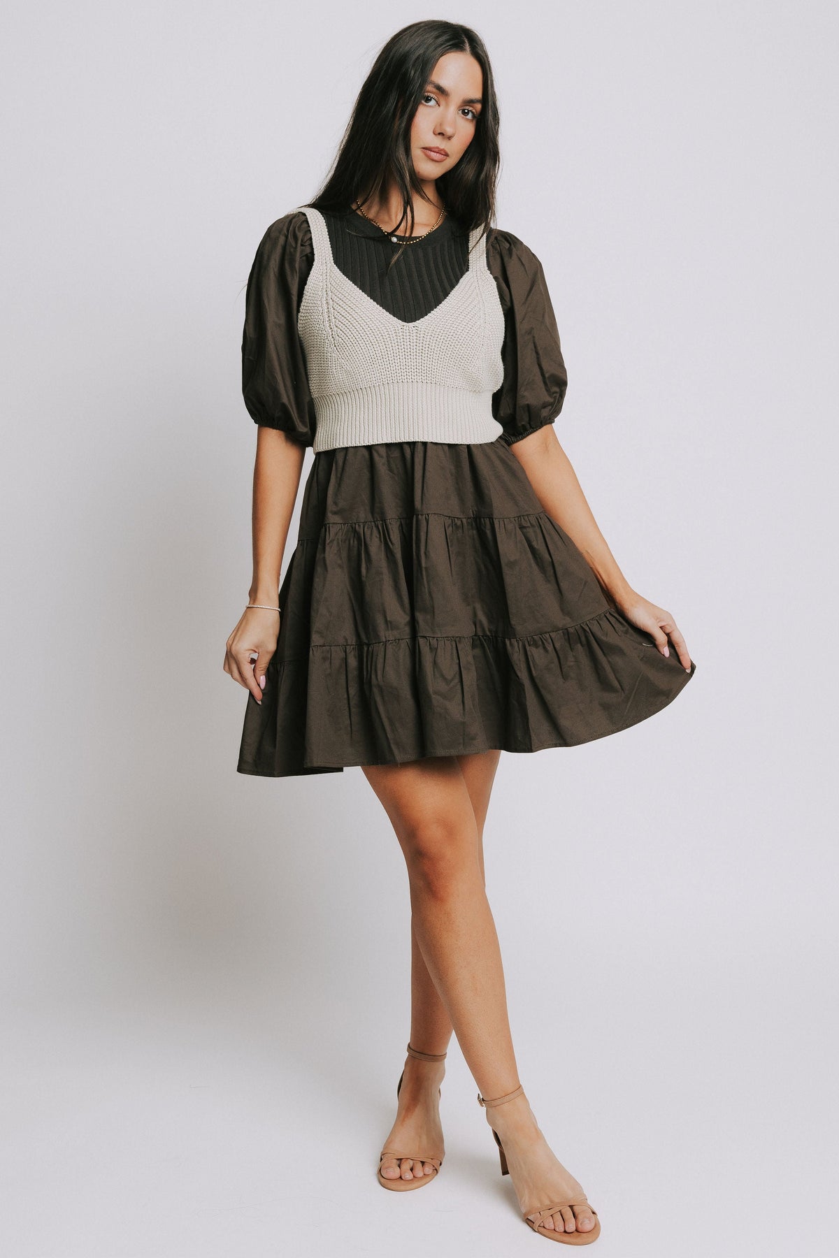 brown puff sleeve dress with knit vest bodice