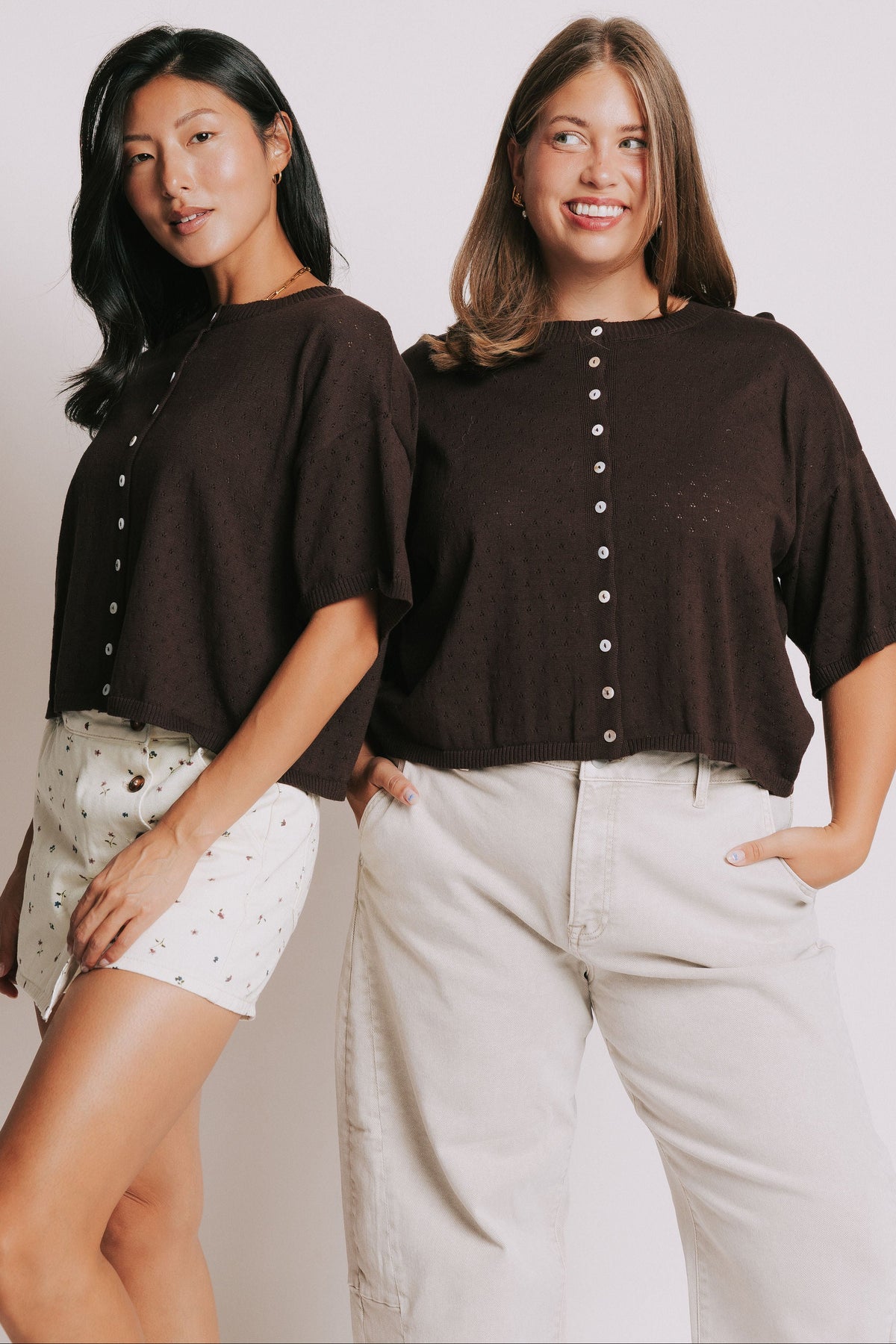 brown short sleeve pointelle cardigan models