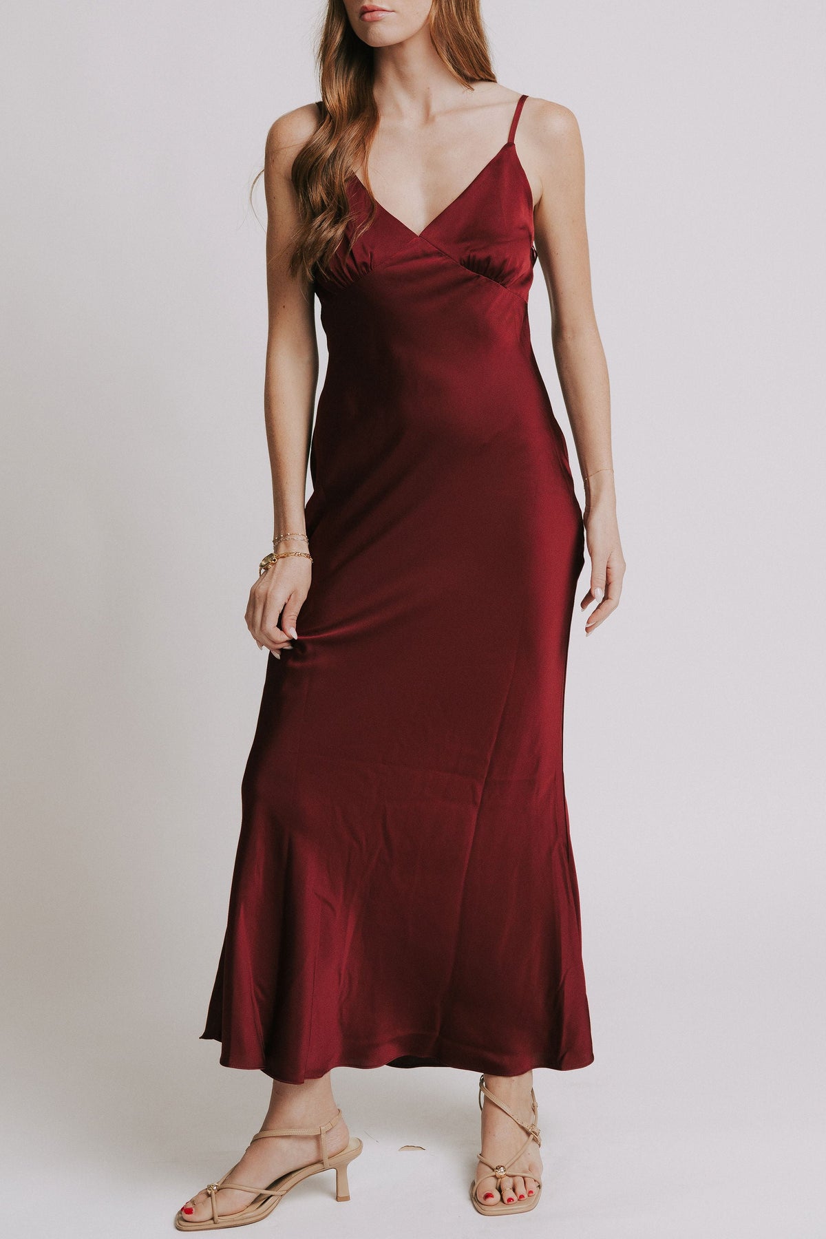 burgundy satin spaghetti strap slip dress