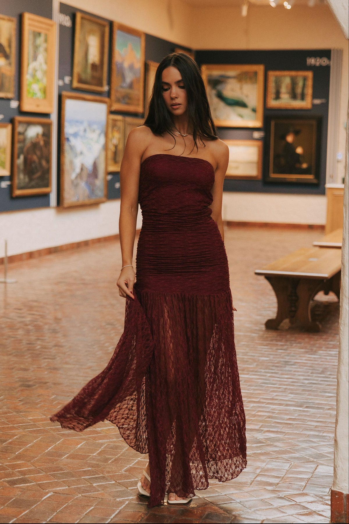 burgundy strapless lace dress lifestyle