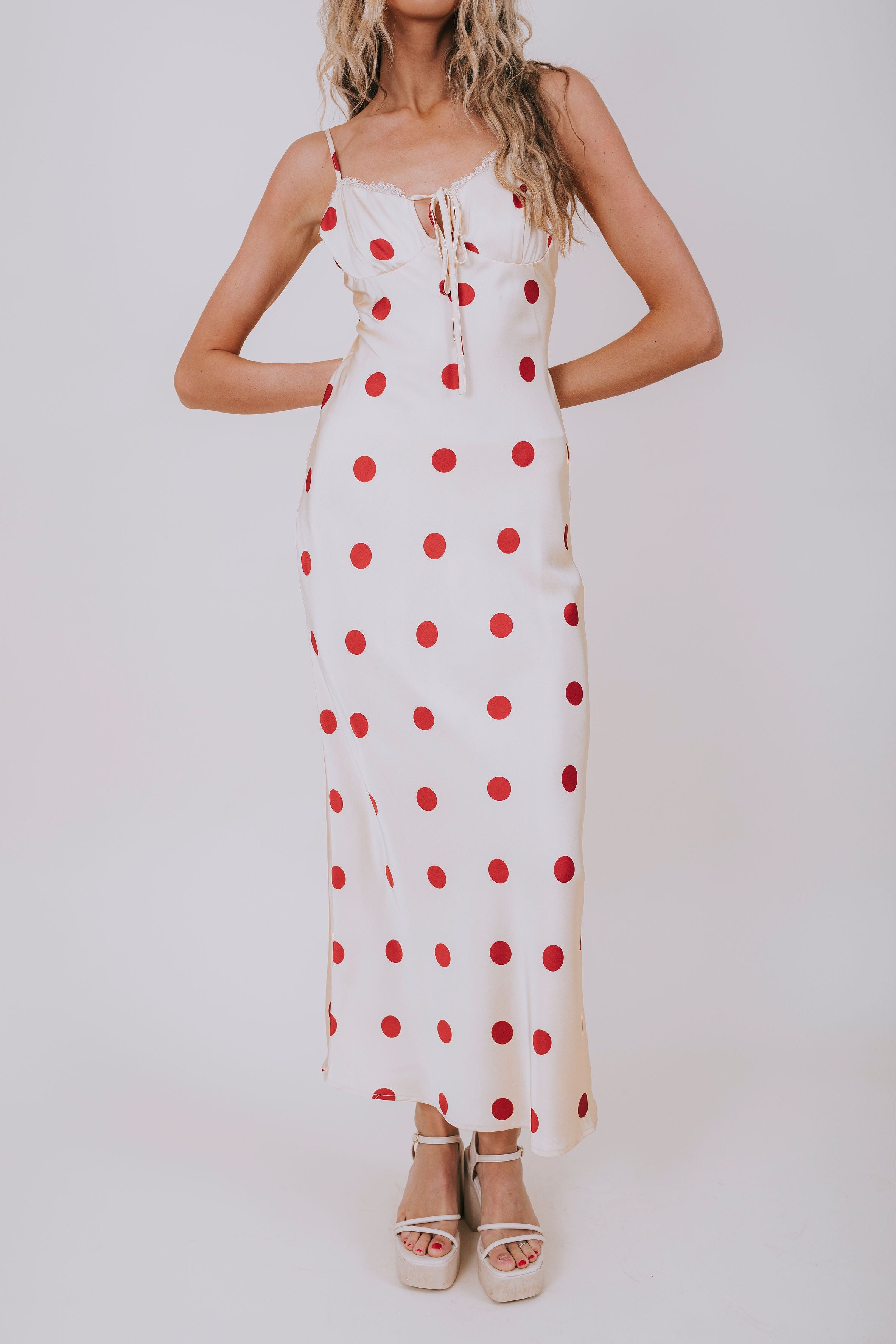 butter yellow red polka dot maxi dress front