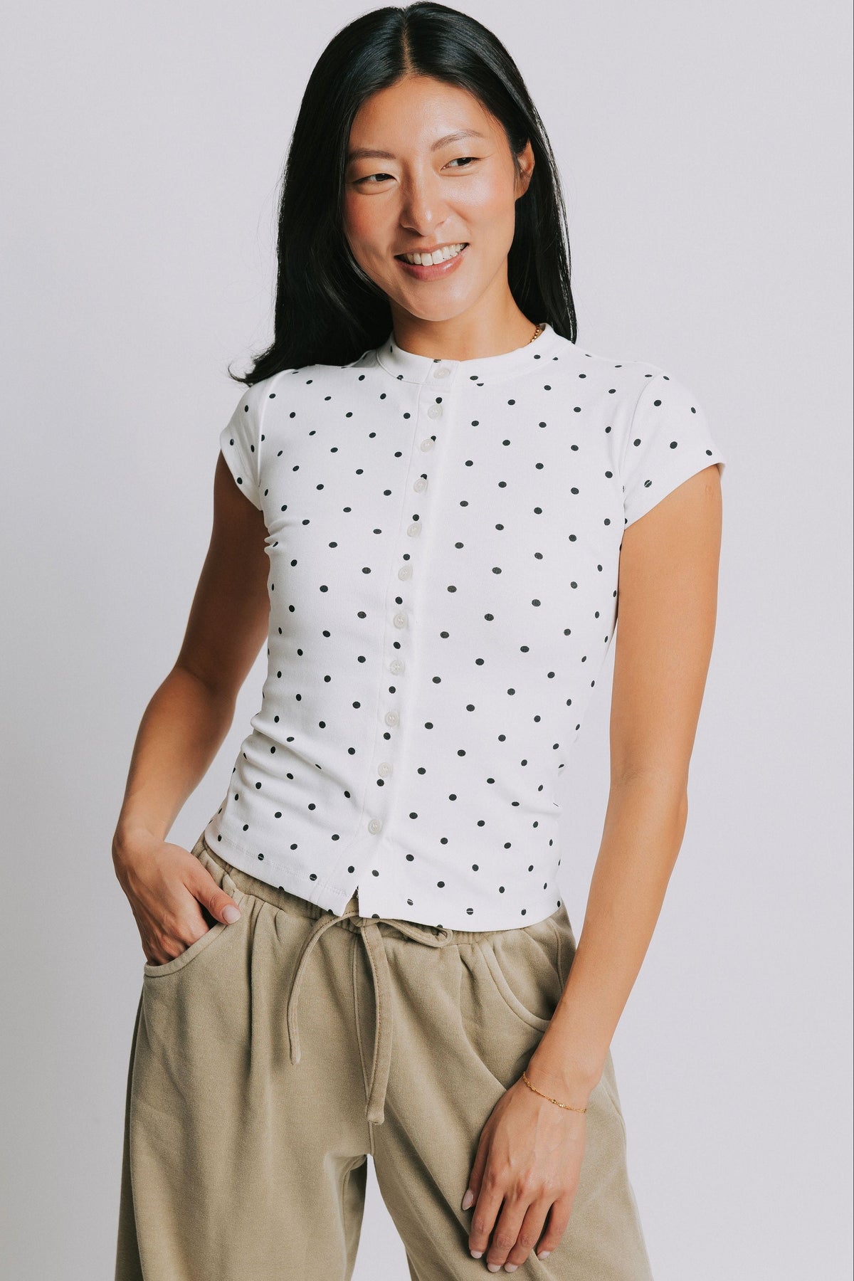 button down polka dot short sleeve top