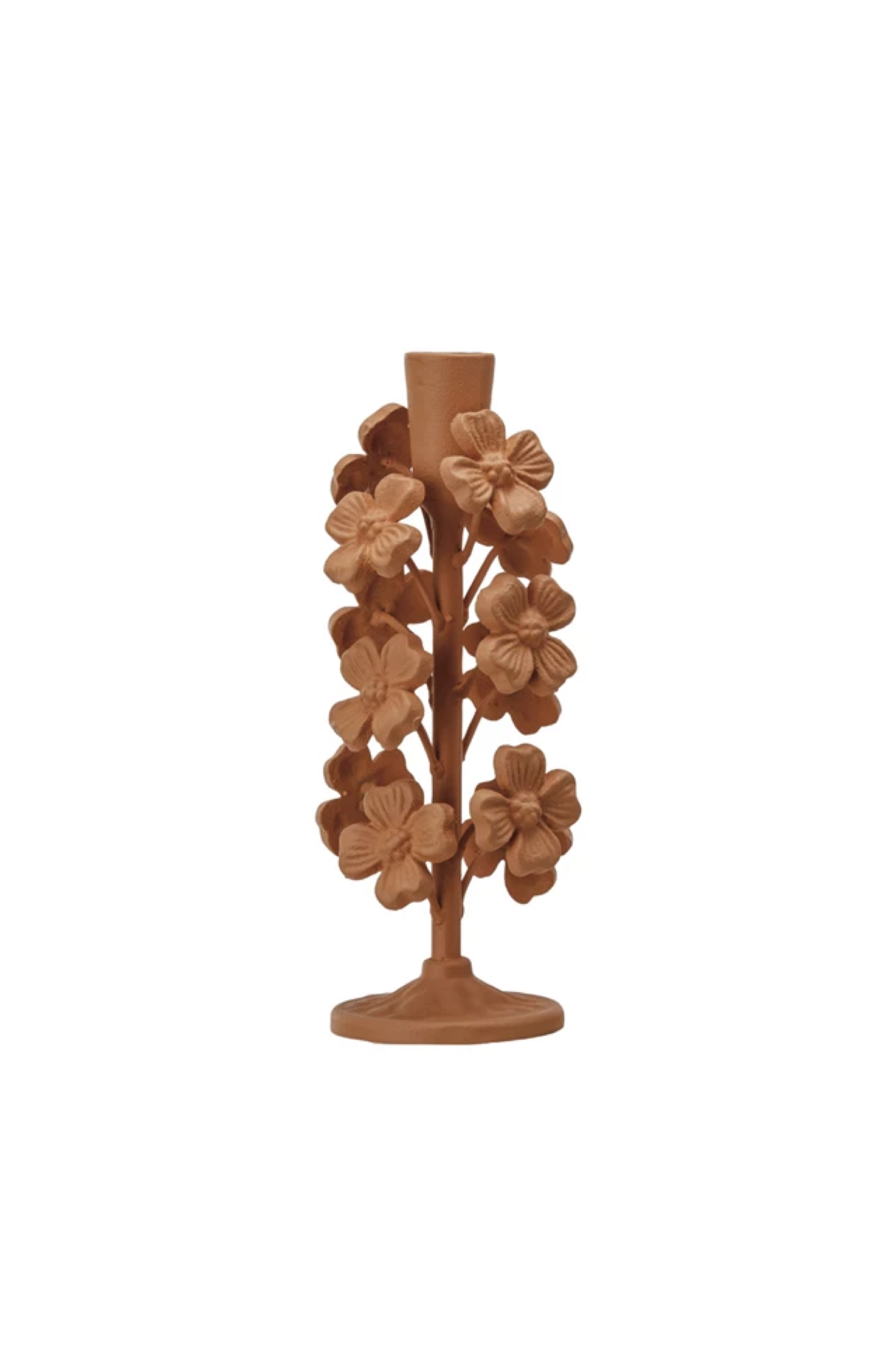 Cast iron taper candle holder with flower design.