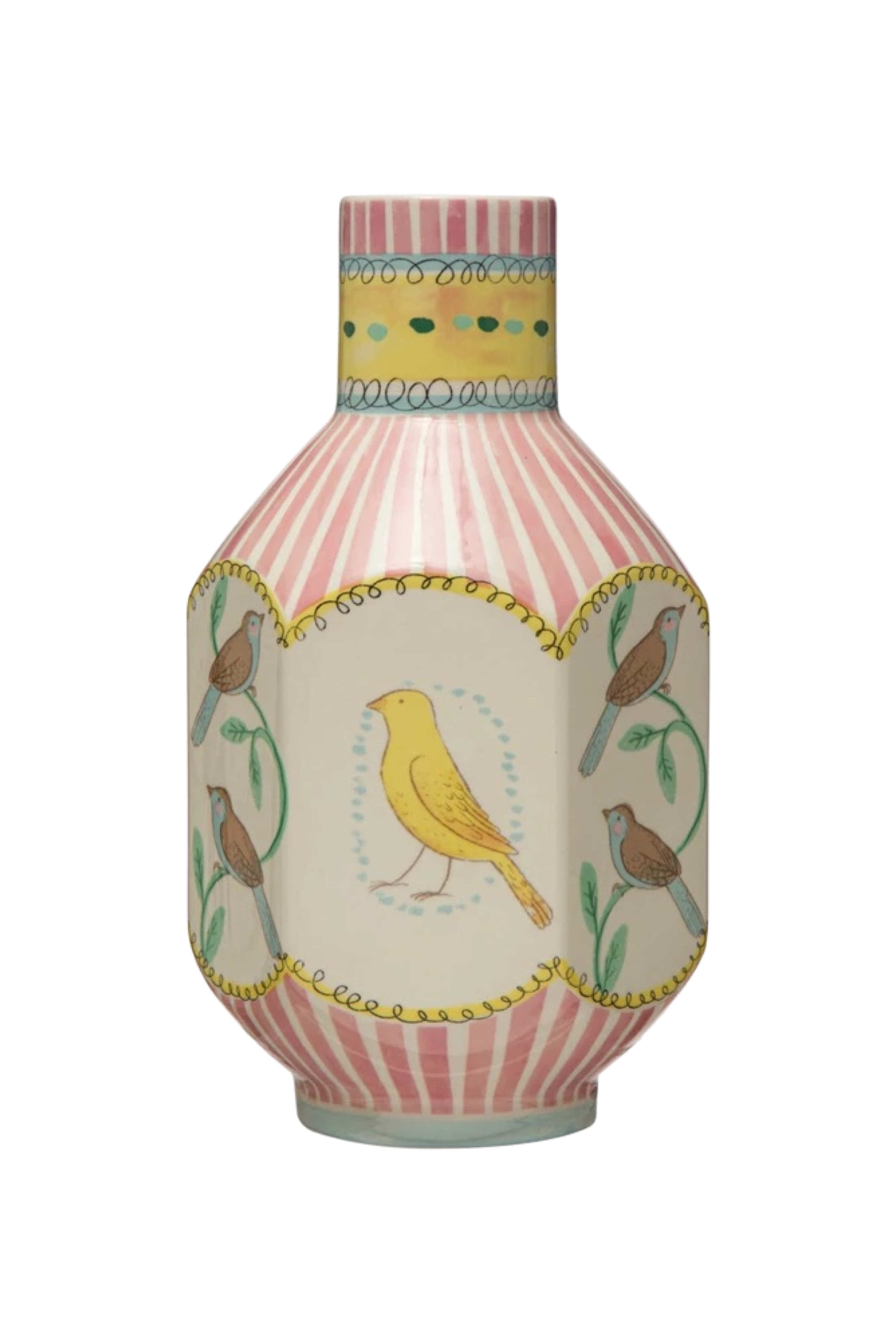 A ceramic vase with a striped pattern and whimsical bird motifs in multicolor.